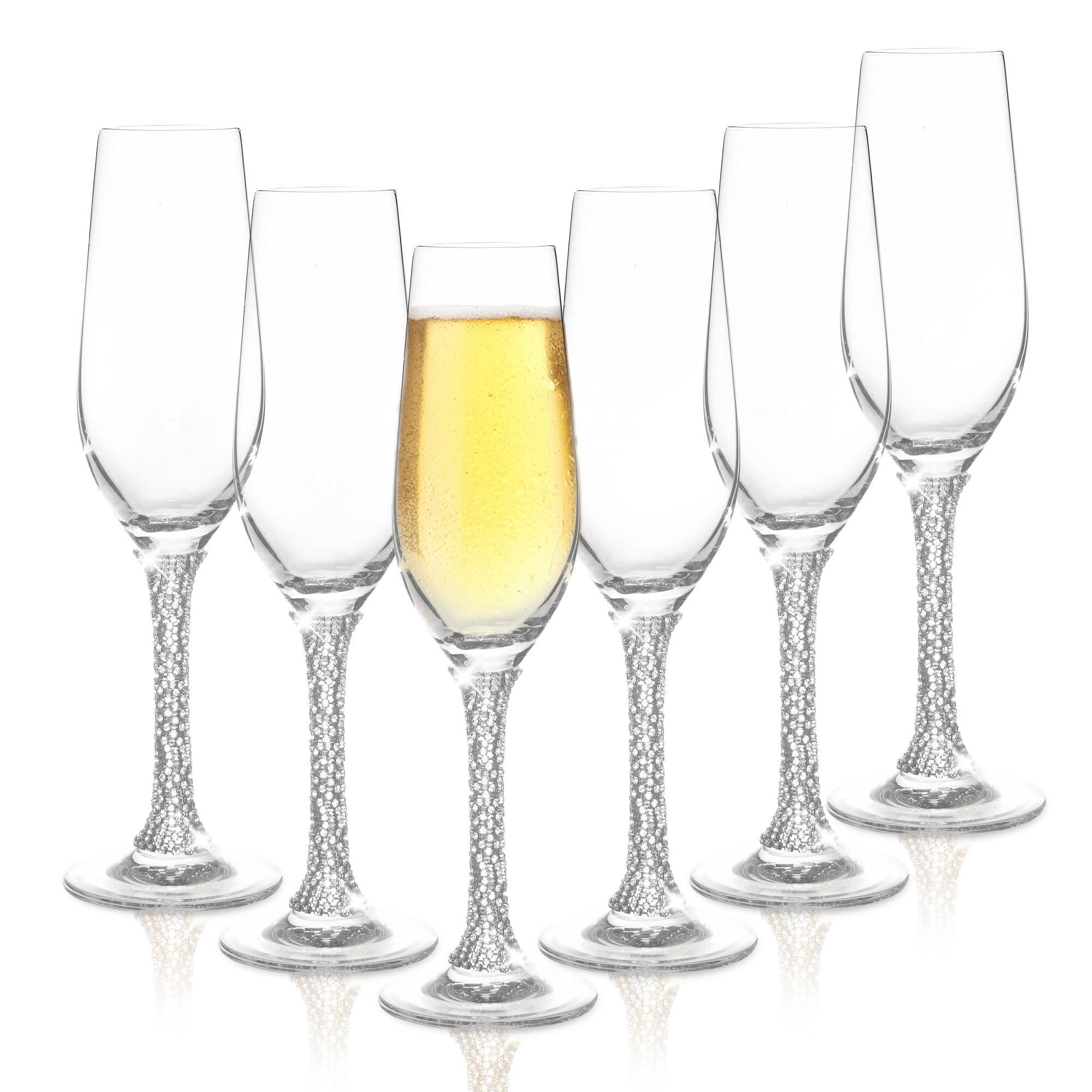 Front. Berkware - Premium Champagne Flutes - Crystal Champagne Glasses with Elegant Silver Rhinestone Embellished Stem - 8oz each (Set - Silver.