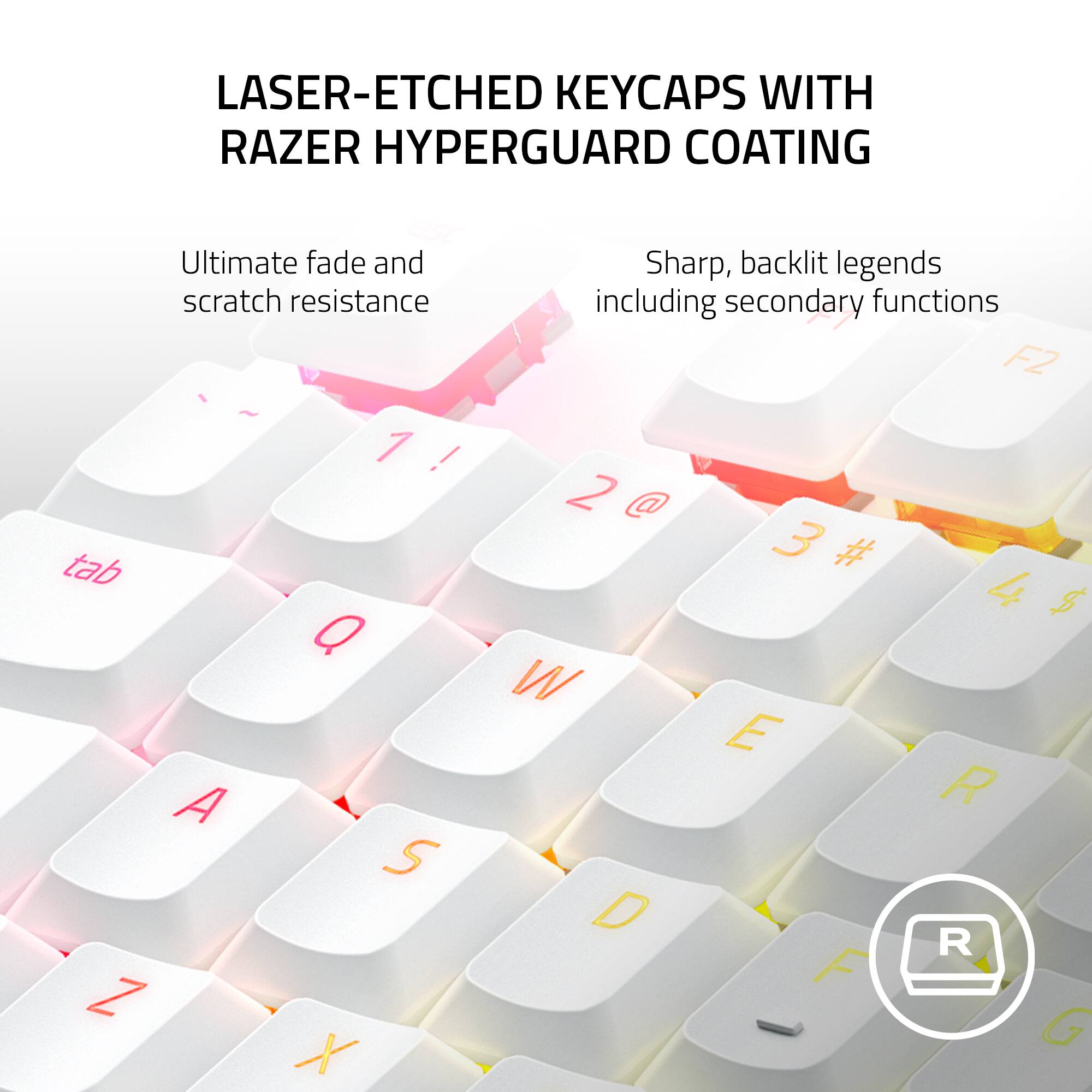 LASER-ETCHED KEYCAPS WITH RAZER HYPERGUARD COATING Ultimate fade and scratch resistance ~ 1 ! tab Q A S Z X Sharp, backlit legends including secondary functions F2 2 @ 3 # 4 $ W E R D R F G