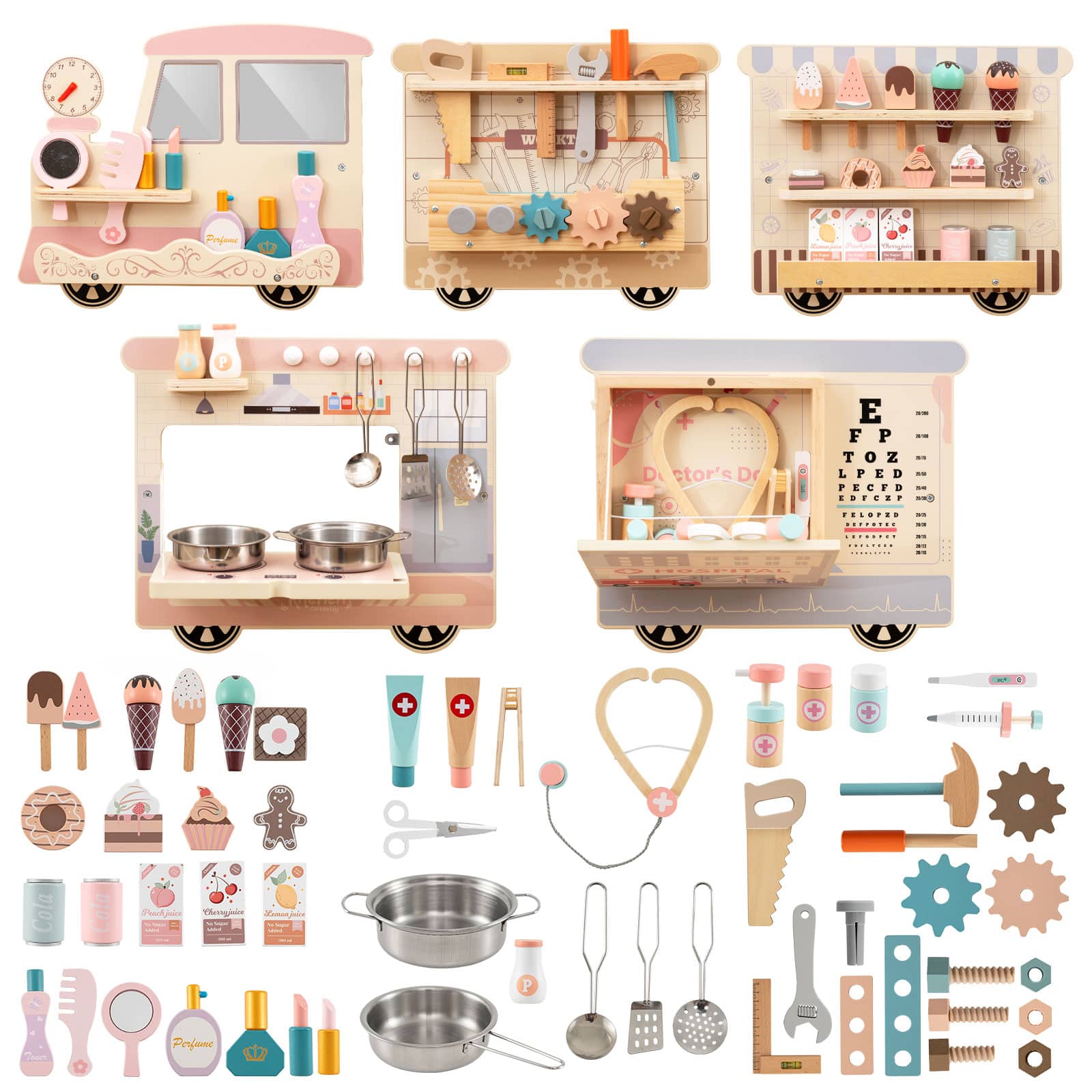 Gymax - Wooden Sensory Wall Panel for Kids w/ Vanity Tool Box Play Kitchen Doctor Kit - Macaron