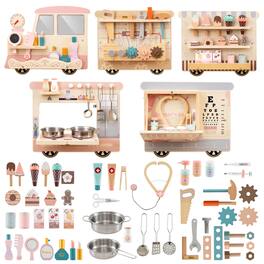 Gymax - Wooden Sensory Wall Panel for Kids w/ Vanity Tool Box Play Kitchen Doctor Kit - Macaron