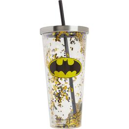 Spoontiques - DC Comics Batman Logo Double Walled Insulated Acrylic Tumbler Glitter Cup with Straw 20 ounce - Multicolor
