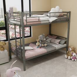 GOODSILO - Twin Over Twin Metal Bunk Bed Frame with Ladder and Guardrail for Kids, Convertible to Two Separate Beds - Silver