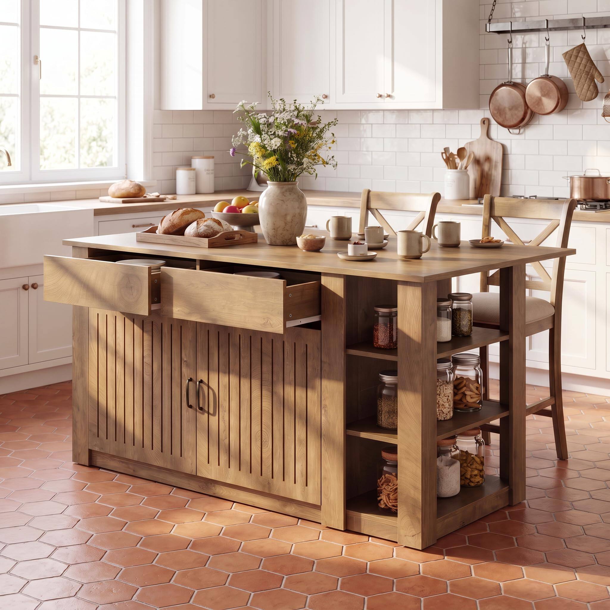 Back. Tribesigns - 71" Large Kitchen Island with Storage Cabinet, Drawers, Seating - Brown.