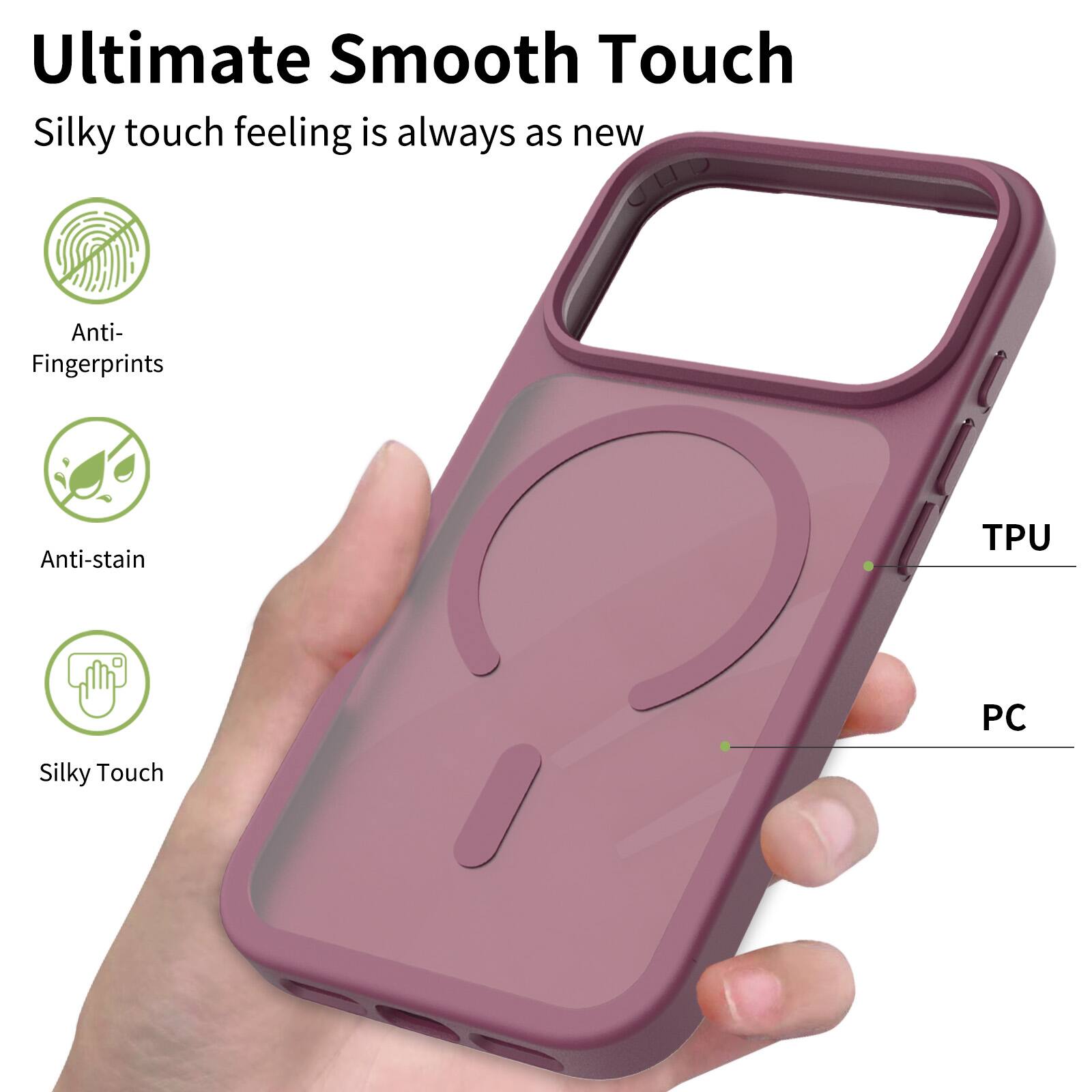 Ultimate Smooth Touch  
Silky touch feeling is always as new  

Anti-Fingerprints  
Anti-stain  
Silky Touch  

TPU  
PC