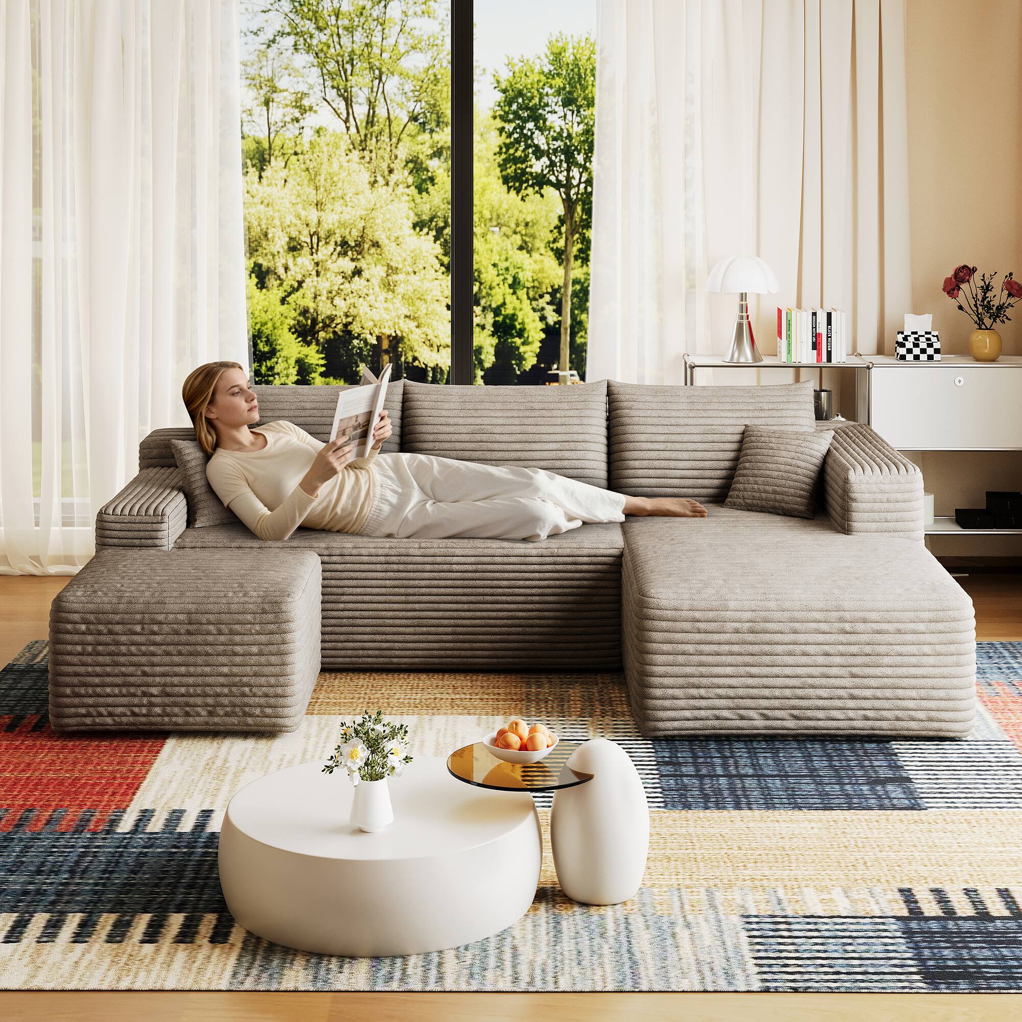 Angle. Whisen - 95" U-Shaped Modular Sectional Sofa with 1 Ottoman, Plush Corduroy Fabric Deep Seat Corner Couch - Camel.