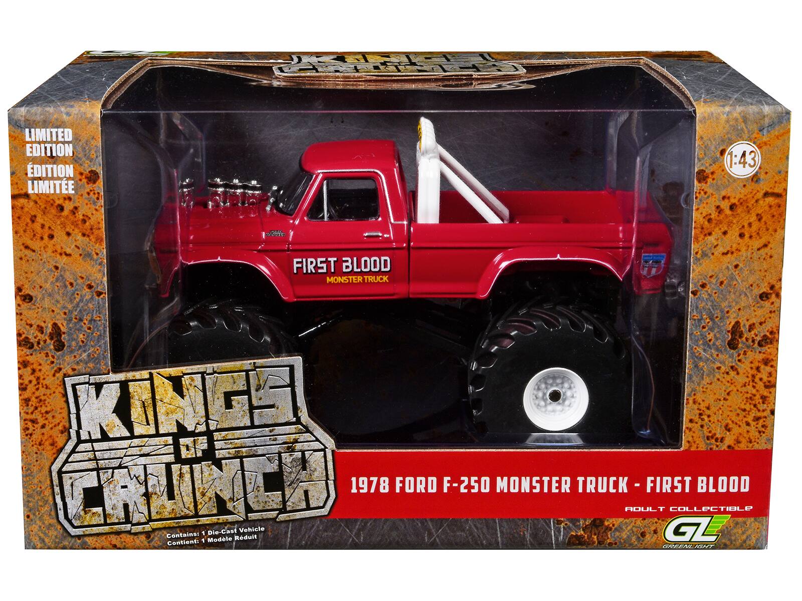 KING OF CRUINCH LIMITED EDITION ÉDITION LIMITÉE 1:43 FIRST BLOOD MONSTER TRUCK KING OF CRUINCH 1978 FORD F-250 MONSTER TRUCK - FIRST BLOOD ADULT COLLECTIBLE Contains: 1 Die-Cast Vehicle Contient: 1 Modle Réduit