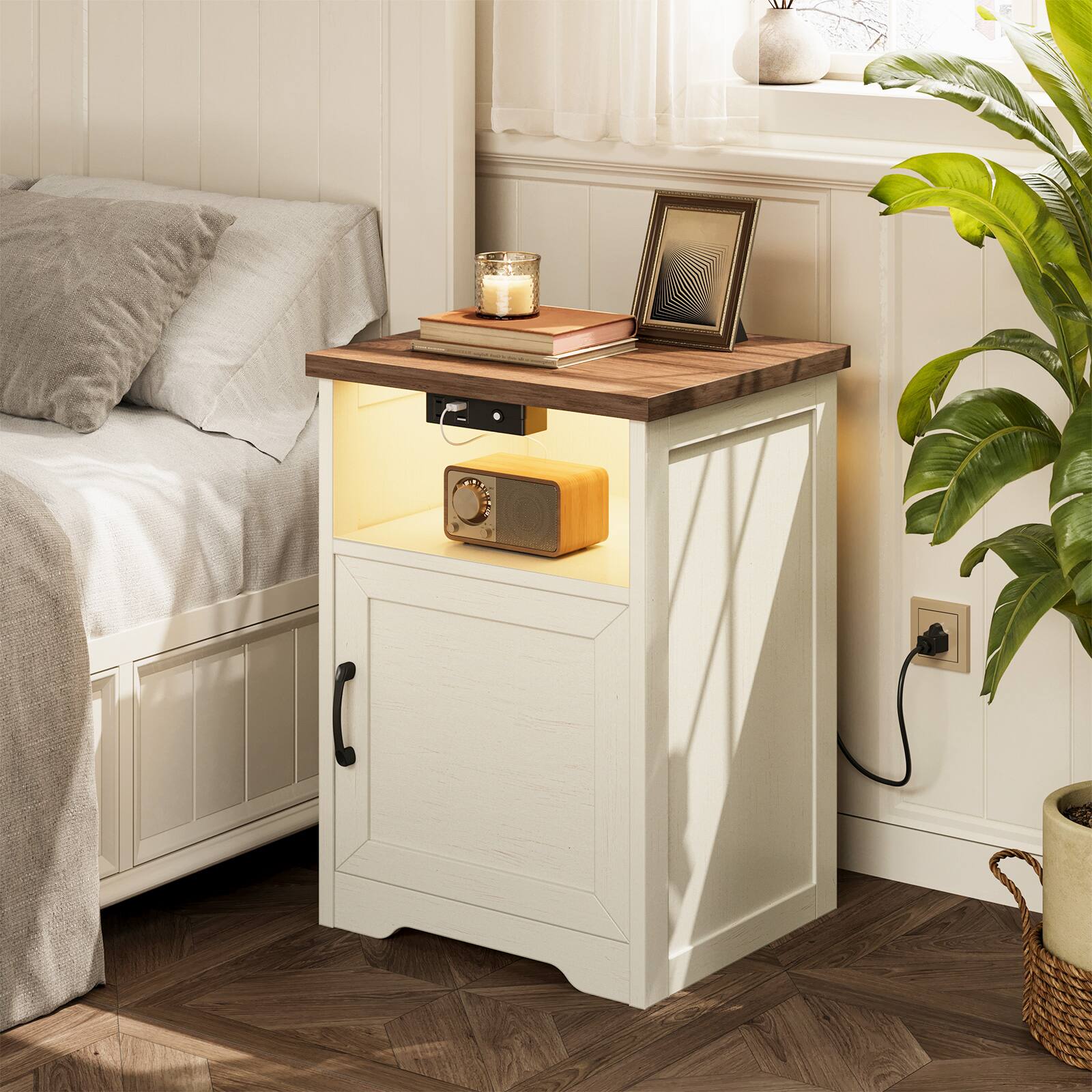 Alt View 2. AODK - Farmhouse Nightstand with Charging Station & LED Lights, End Tables with Storage & Open Shelf（Set of 2） - Walnut+white.