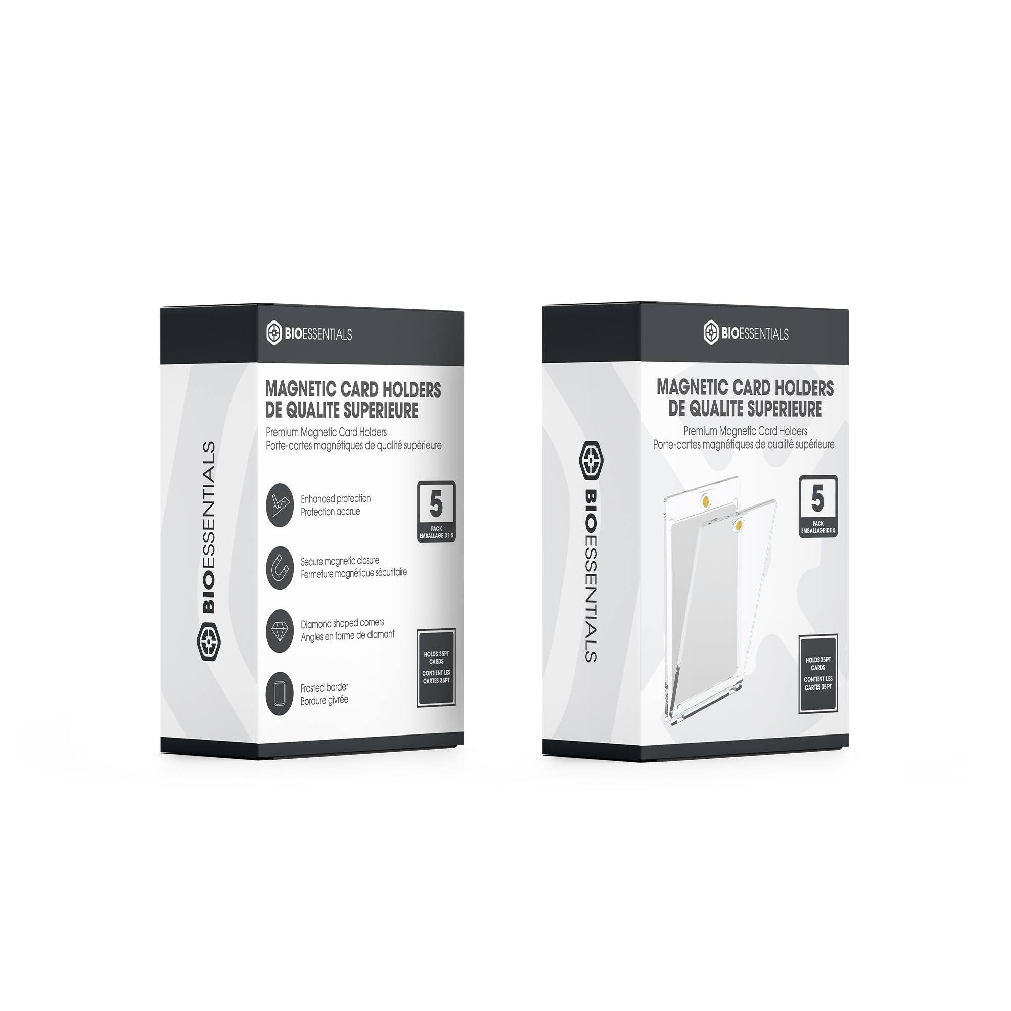 BIOESSENTIALS  
MAGNETIC CARD HOLDERS  
DE QUALITE SUPERIEURE  

Premium Magnetic Card Holders  
Porte-cartes magnétiques de qualité supérieure  

Enhanced protection  
Protection accrue  

Secure magnetic closure  
Fermeture magnétique sécurisée  

Diamond-shaped corners  
Angles en forme de diamant  

Frosted border  
Bordure givrée  

5