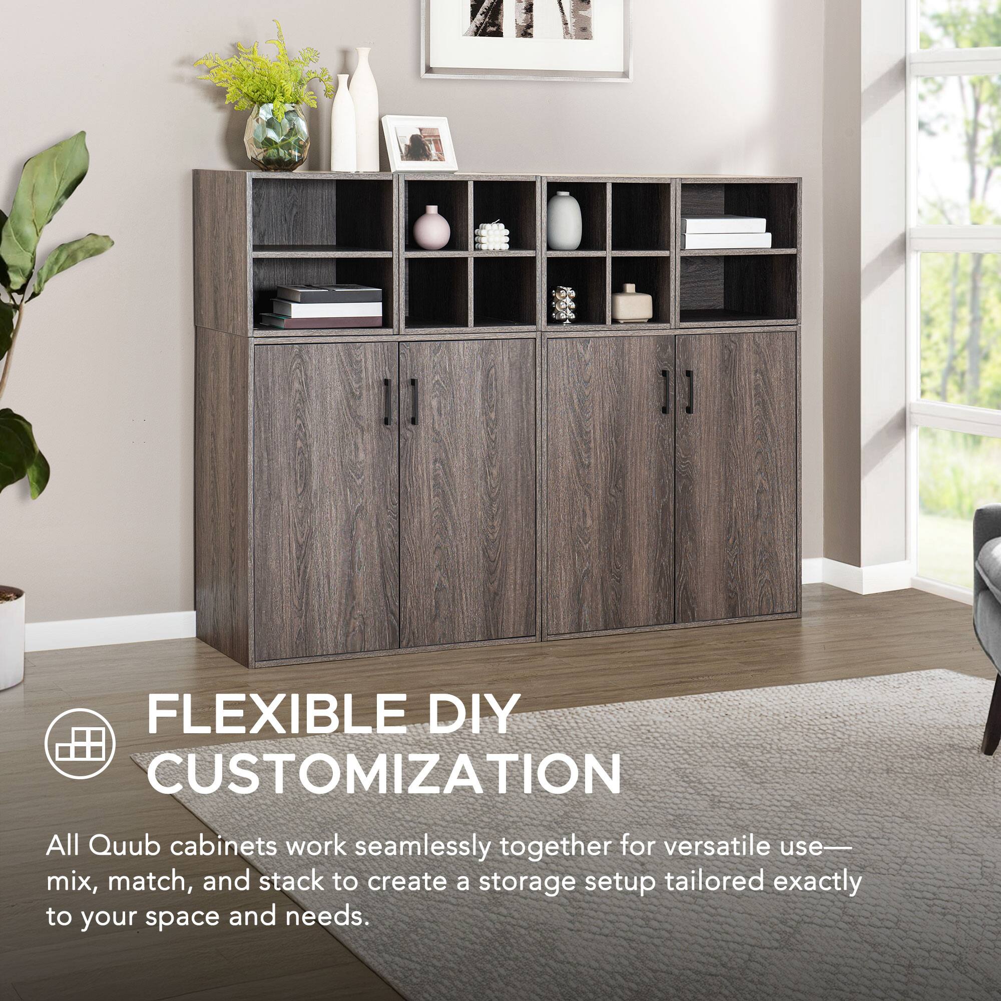FLEXIBLE DIY CUSTOMIZATION

All Quub cabinets work seamlessly together for versatile use—mix, match, and stack to create a storage setup tailored exactly to your space and needs.