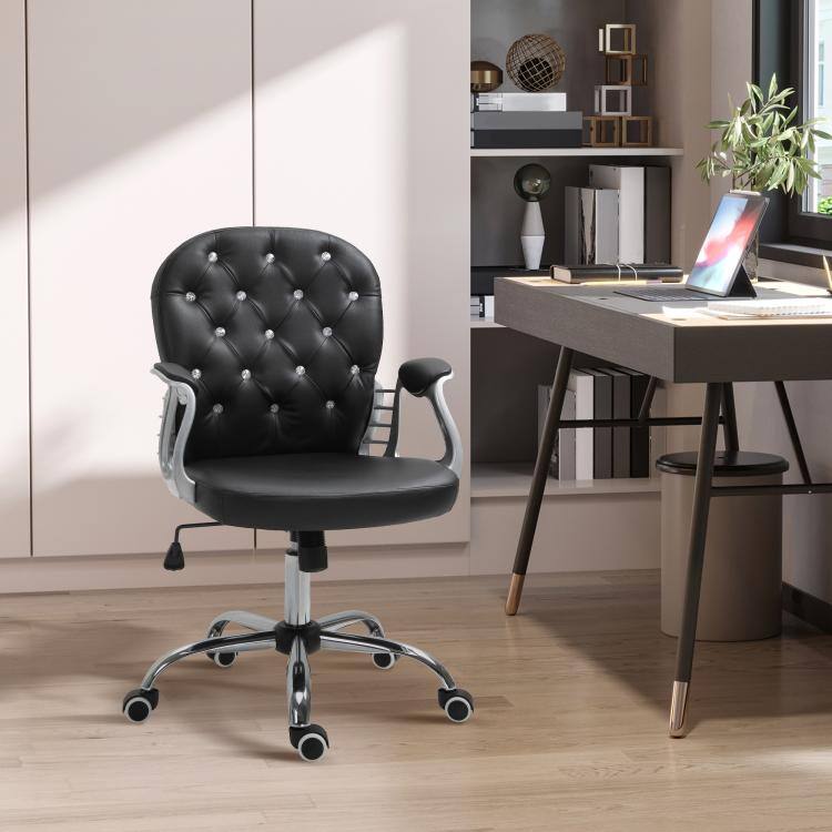 Alt View 2. PULUZ - Button Tufted Desk Chair, Home Office Chair with Padded Armrests, Adjustable Height and Swivel Wheels - Black.