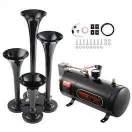 VEVOR - Train Horns Kit,4 Trumpet Air Horn Kit, 150dB Train Horns for Pickup Trucks, 12V 120 psi Air Compressor 0.8 Gal/3 L Tank - Black
