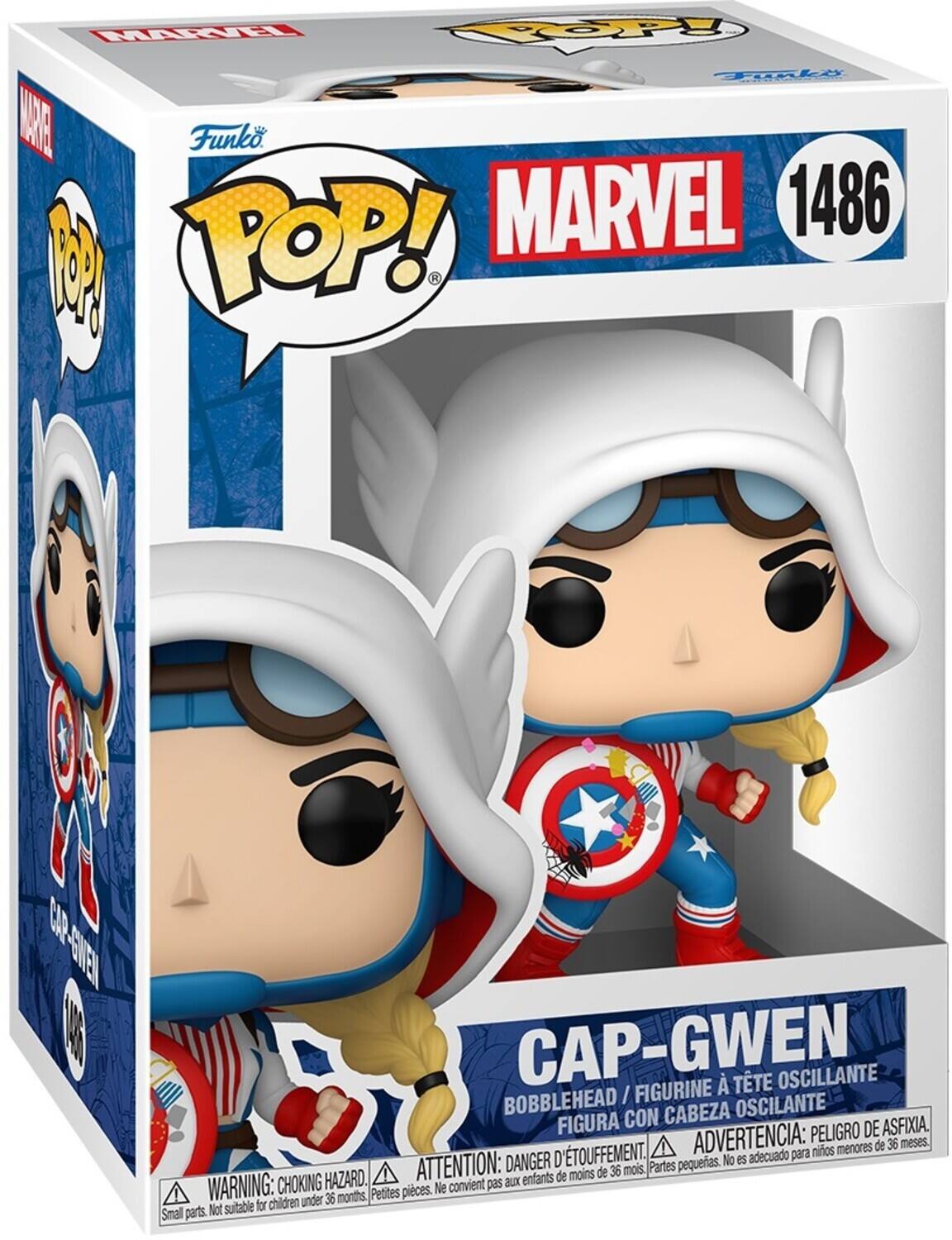 MARVEL 1486, Funko POP!, CAP-GWEN, BOBBLEHEAD / FIGURINE CON CABEZA OSCILANTE, FIGURA CON CABEZA OSCILANTE, PELIGRO DE ASFIXIA, D'ETOUFFEMENT, ADVERTENCIA: para niños menores de 36 meses, DANGER, pequeños, No es adecuado, HAZARD, ATTENTION: aux enfants de moins de 36 mois, WARNING: CHOKING, Small parts, Not suitable for children under 36 months, Petites pièces, Ne convient pas