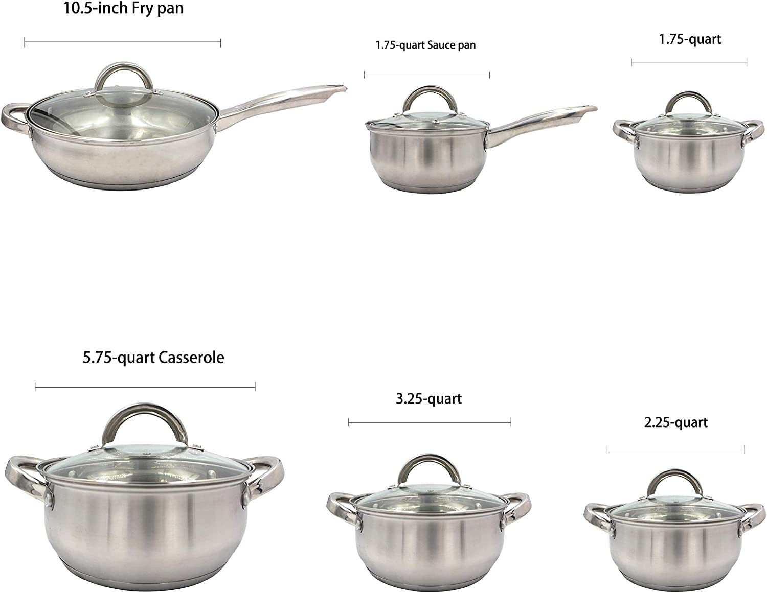 10.5-inch Fry pan, 1.75-quart Sauce pan, 1.75-quart, 5.75-quart Casserole, 3.25-quart, 2.25-quart