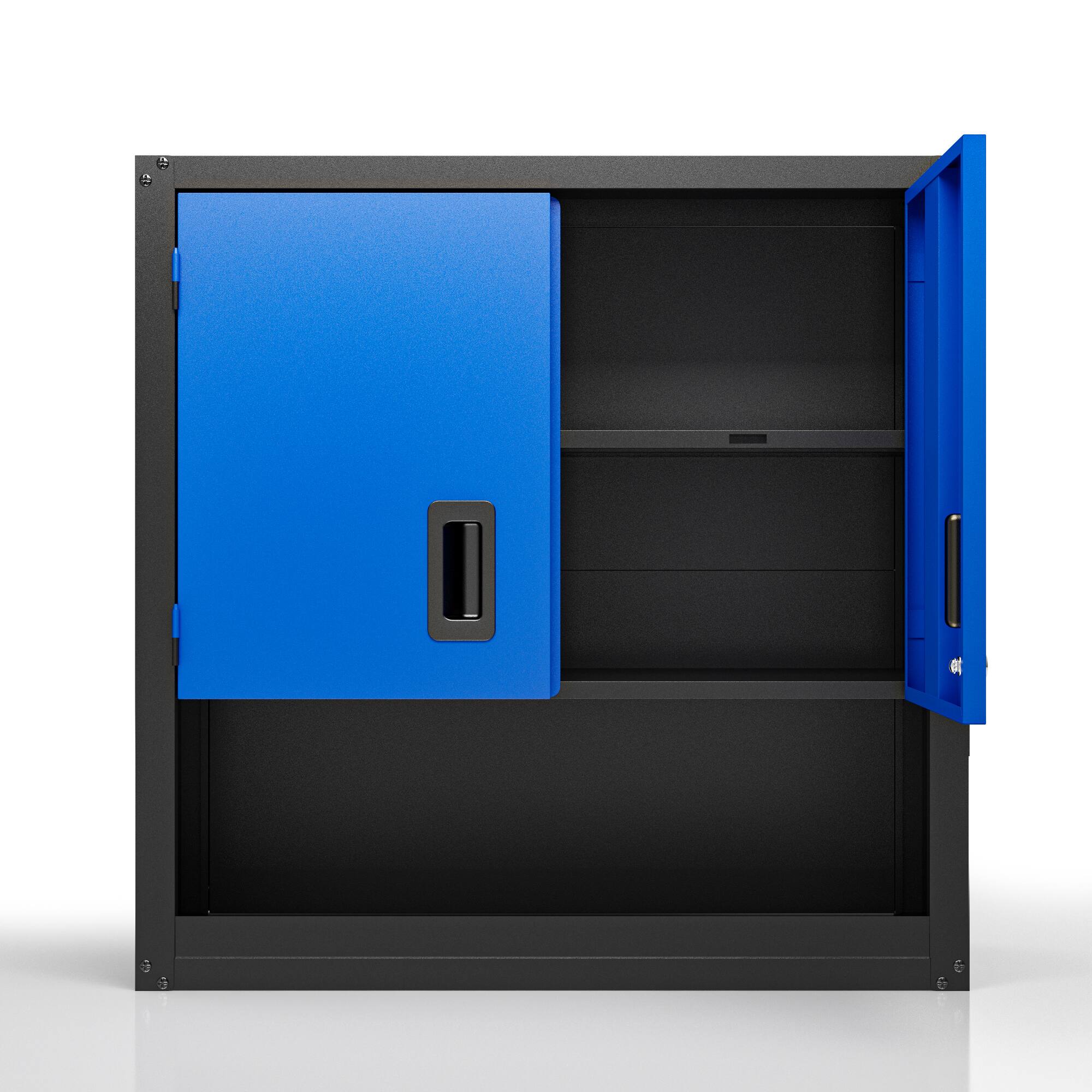Angle. TinyHomie - Garage Wall Cabinet with Locking Doors and Adjustable Shelf, Metal Wall Cabinet, Floating Upper Storage Cabinet in Blue - Blue+Black.