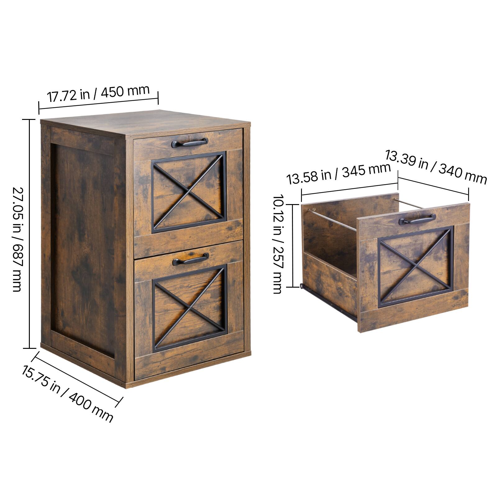 17.72 in / 450 mm  
27.05 in / 687 mm  
15.75 in / 400 mm  

13.39 in / 340 mm  
13.58 in / 345 mm  
10.12 in / 257 mm