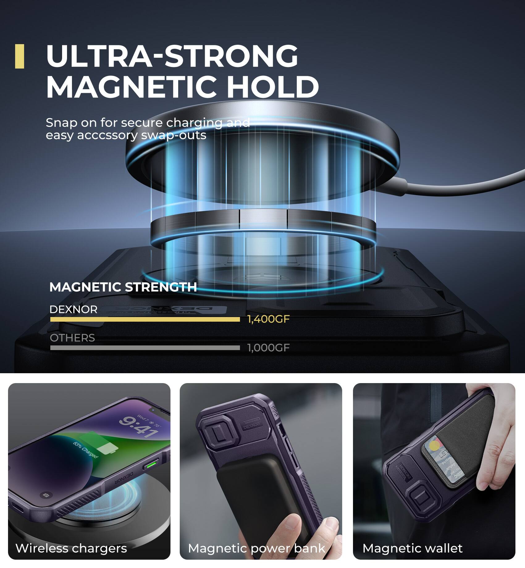 ULTRA-STRONG MAGNETIC HOLD  
Snap on for secure charging and easy accessory swap-outs  

MAGNETIC STRENGTH  
DEXNOR 1,400GF  
OTHERS 1,000GF  

9:41  
Charged  

Wireless chargers  
Magnetic power bank  
Magnetic wallet