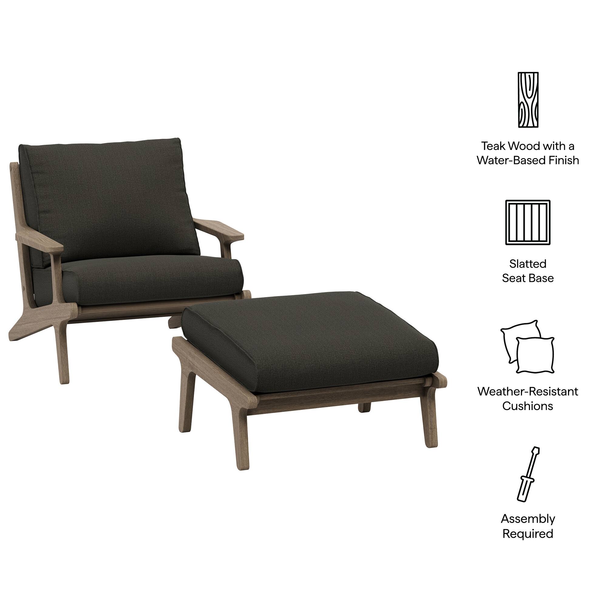 Teak Wood with a Water-Based Finish  
Slatted Seat Base  
Weather-Resistant Cushions  
Assembly Required