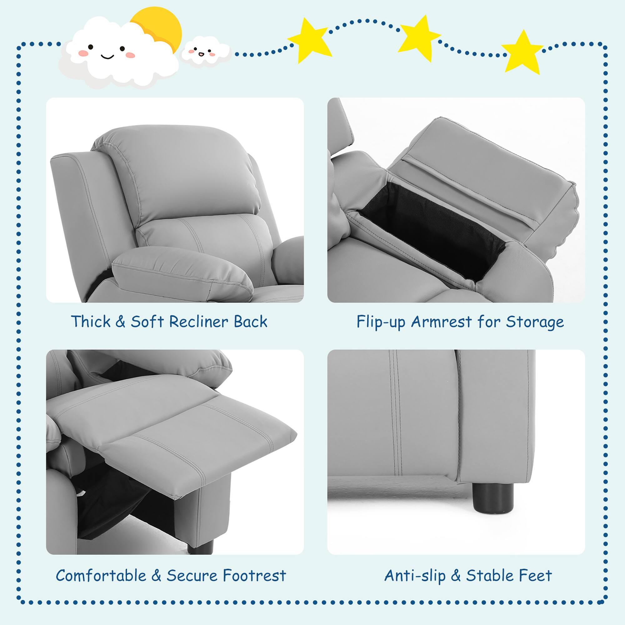 - Thick & Soft Recliner Back
- Flip-up Armrest for Storage
- Comfortable & Secure Footrest
- Anti-slip & Stable Feet
