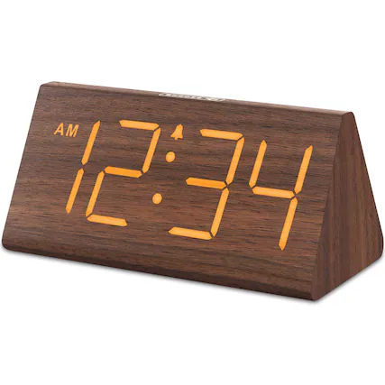 Front. Dazzed Corner - Wooden Digital Alarm Clock, Electric Desk Clock - Brown.