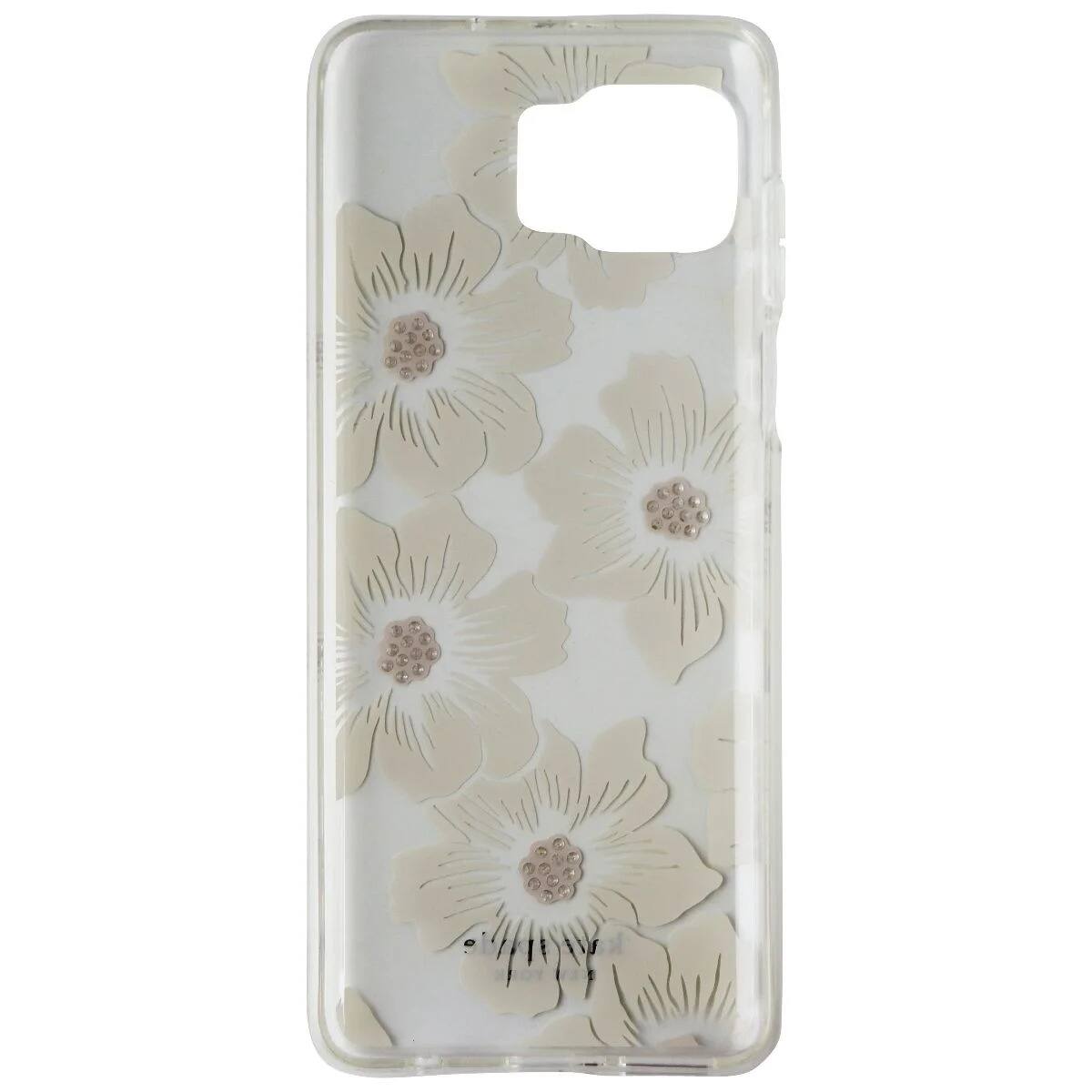 Angle. kate spade new york - Kate Spade Protective Hardshell Case for Motorola One 5G | White Hollyhock Clear - White Hollyhock Clear.