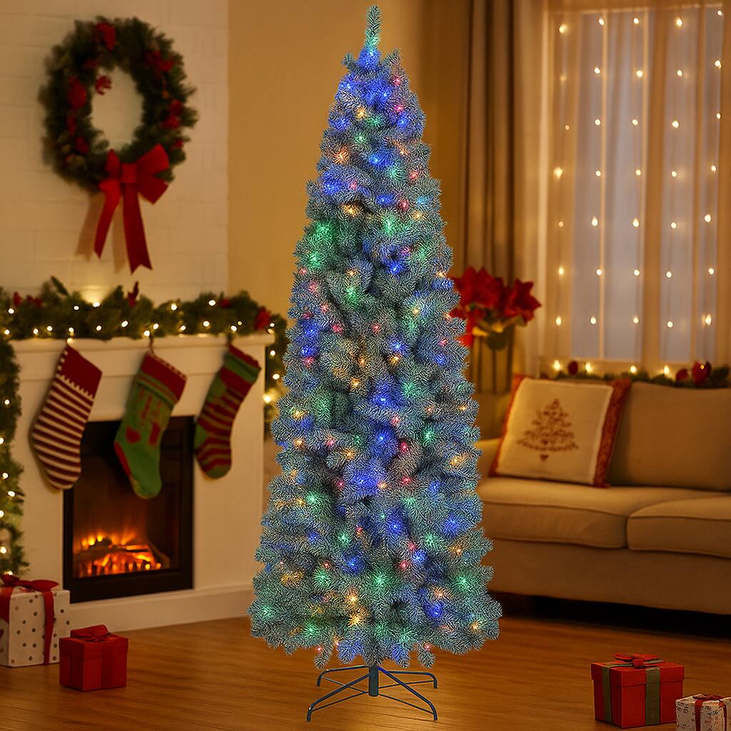 Front. BreeBe - Prelit Slim Blue Tree with 9 Lighting Effects – Artificial Christmas Tree - Blue.