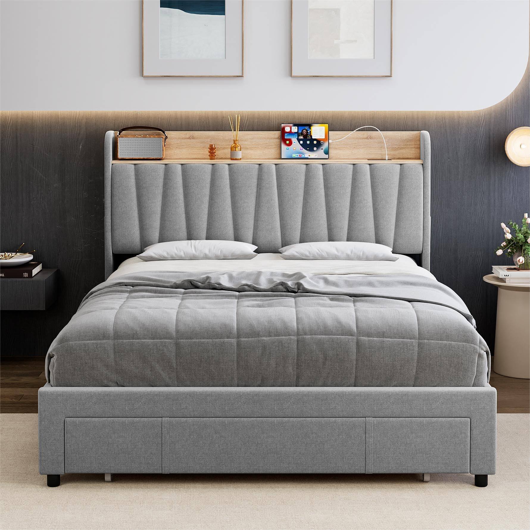 Left. Jojoka - Full Size Upholstered Bed Frame with Storage Headboard and Charging Station, Platform Bed Frame with Drawers - Gray.