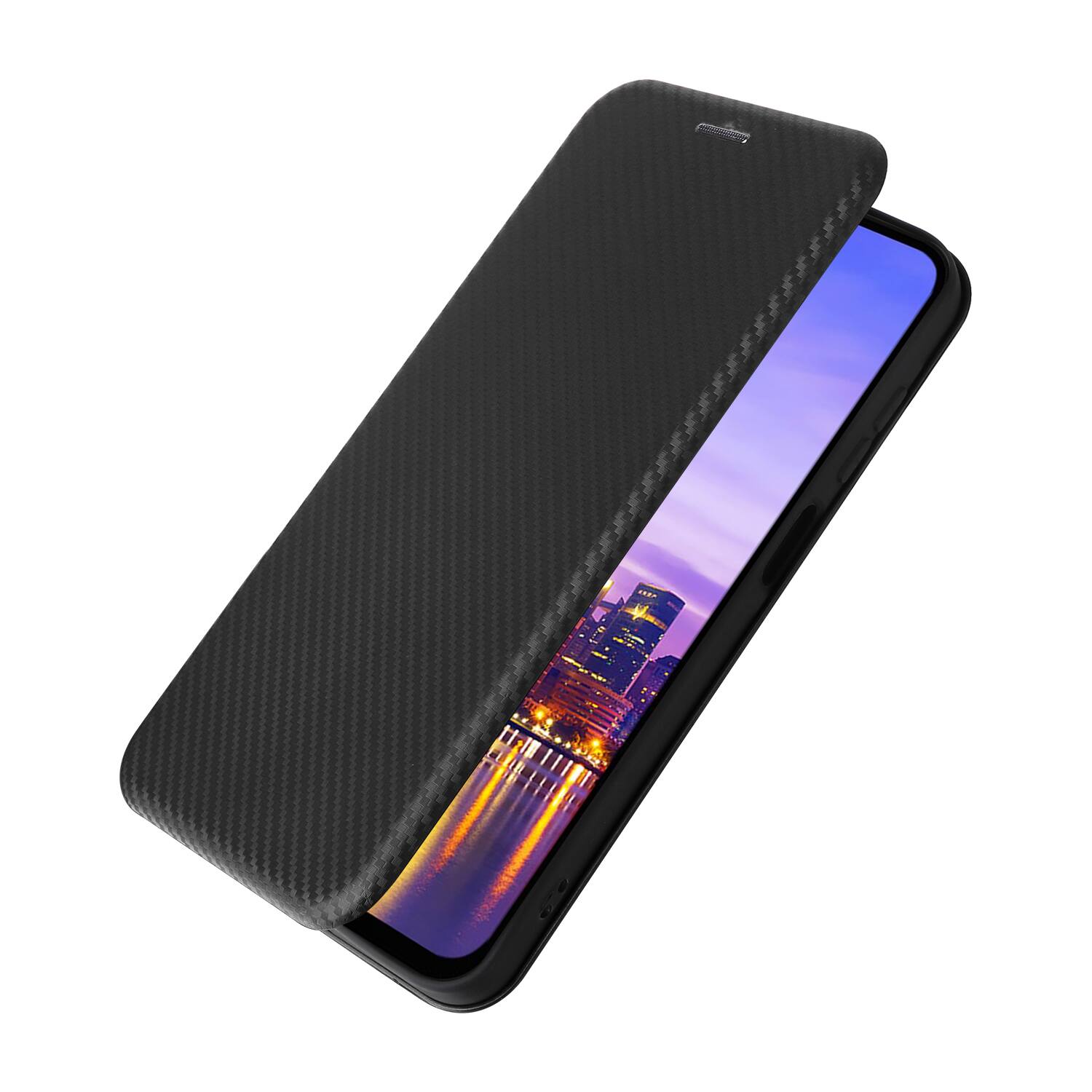 Left. Dteck - Carbon Fiber Texture Folio Phone Case for Samsung Galaxy A16 5G,PU Leather Magnetic Closure Hidden Card Slot Flip Cover - Black.