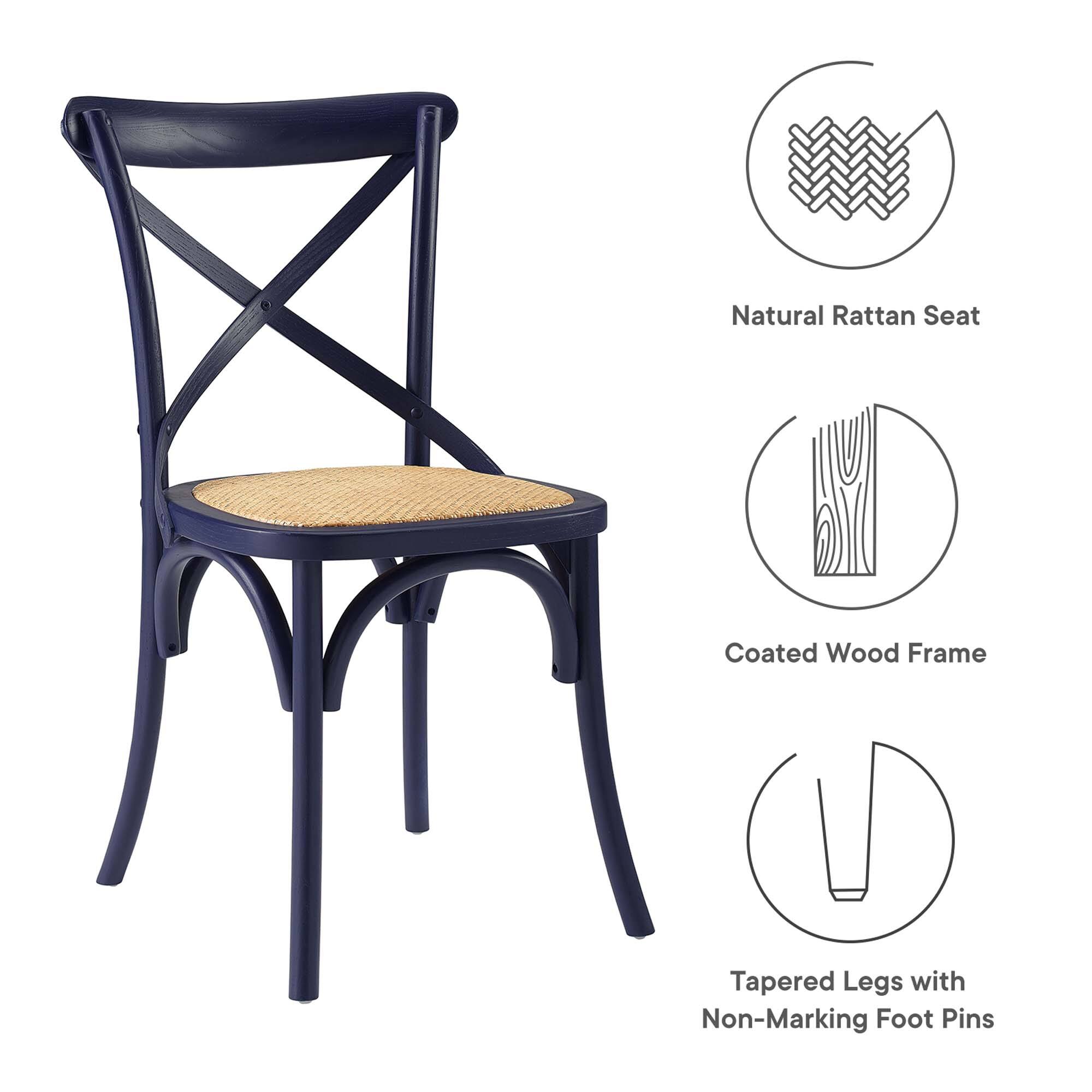 Natural Rattan Seat  
Coated Wood Frame  
Tapered Legs with Non-Marking Foot Pins