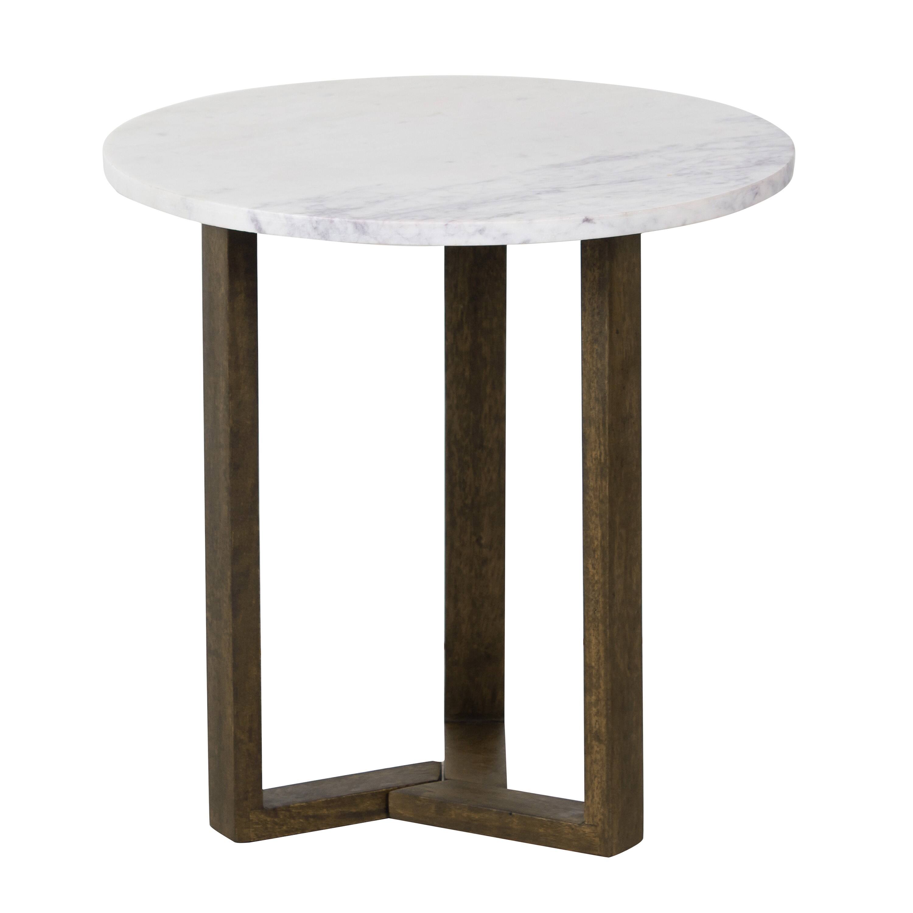Angle. Manhattan Lane - Fina 20 Inch Round Side End Table, White Genuine Marble Top, Natural Brown Mango Wood 3 Leg Sled Base - White, Natural Brown.