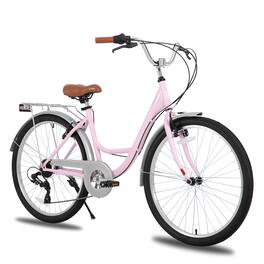 HILAND - 26 Inch Beach Cruiser Bike for Adults, 7 Speed Step-Through Women Bicycle with Rear Rack, Hybrid Bike - Pink