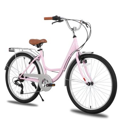 Front. HILAND - HILAND 26 Inch Beach Cruiser Bike for Adults, 7 Speed Step-Through Women Bicycle with Rear Rack, Hybrid Bike Pink - Pink.