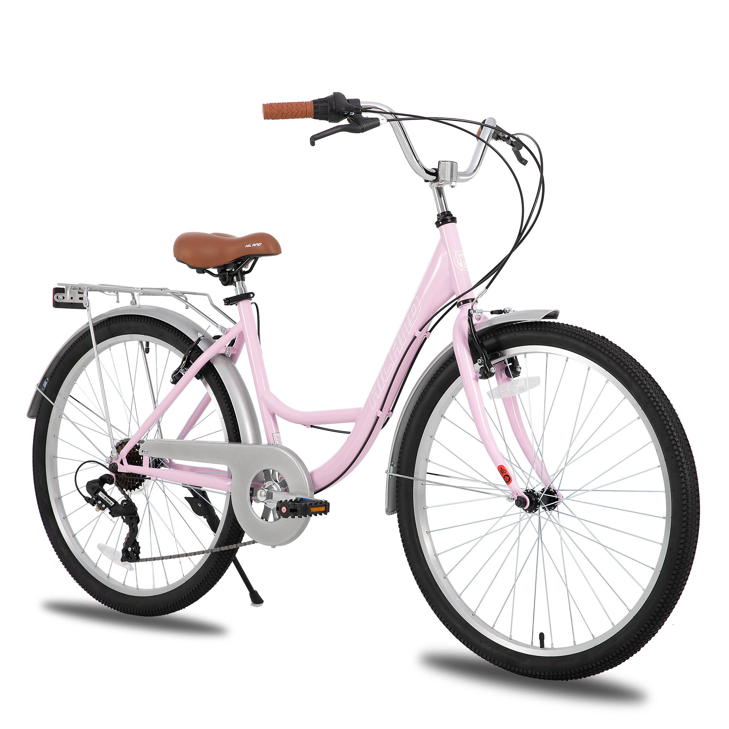 Front. HILAND - HILAND 26 Inch Beach Cruiser Bike for Adults, 7 Speed Step-Through Women Bicycle with Rear Rack, Hybrid Bike Pink - Pink.