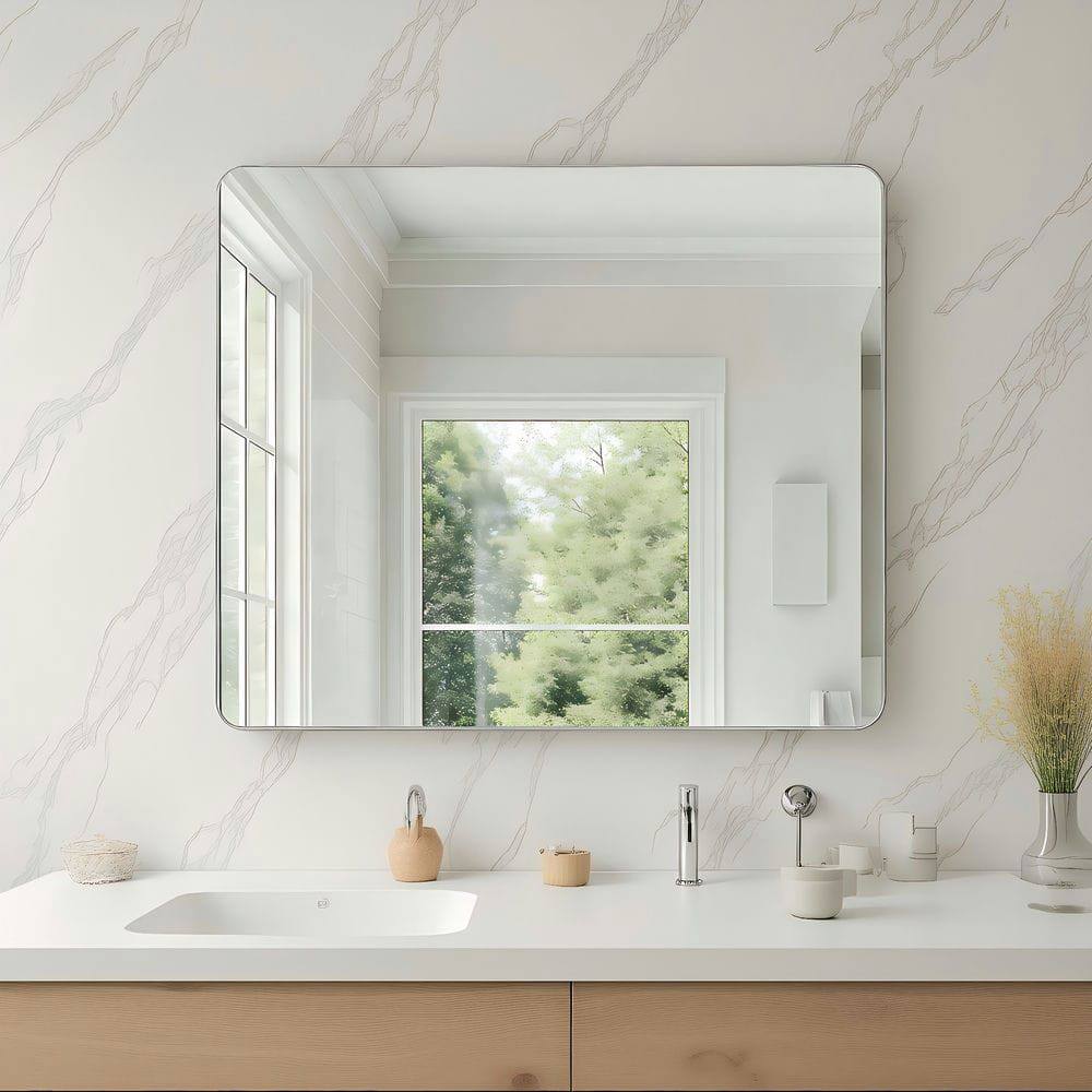 Alt View 9. Kadyn - 36x30 Inch Wide Rectangle Wall Mirror with Rounded Corners and Silver Metal Frame - Silver.