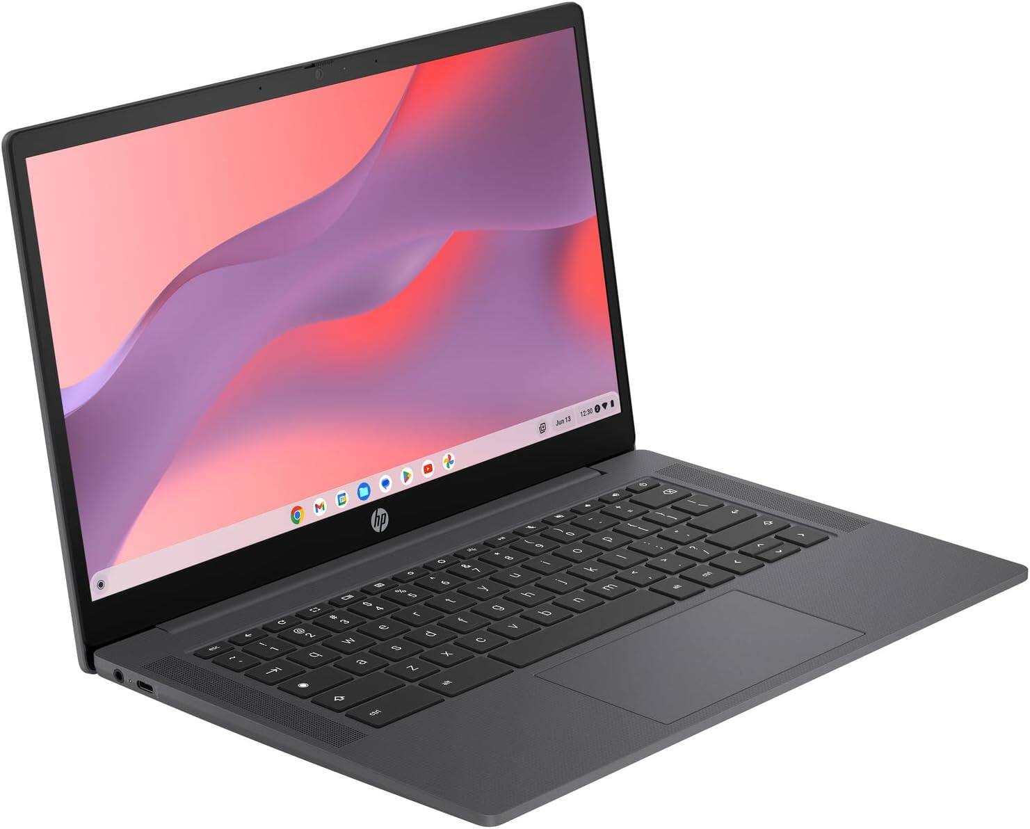 Alt View 1. HP - Chromebook 14a-nf0036ca 14" Intel N100  0.7 GHz up to 3.4 Hz 4GB 128 GB eMMC Intel UHD Graphics Chrome OS Laptop - Chalkboard Gray.