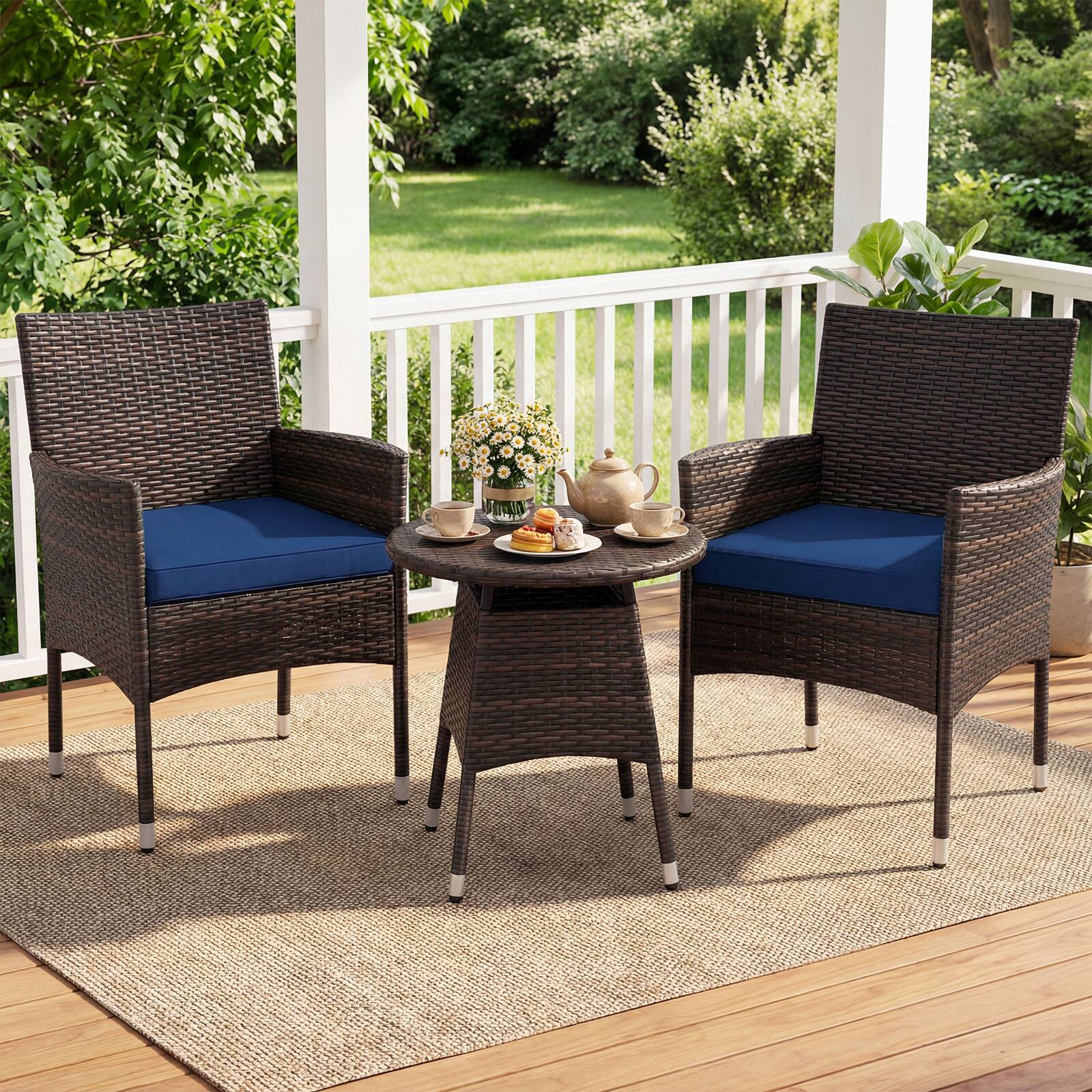 Alt View 3. Costway - Costway 3 Piece Patio Furniture Set, Hand-Woven PE Wicker Conversation Set with Armchairs - Mix Brown&Blue.