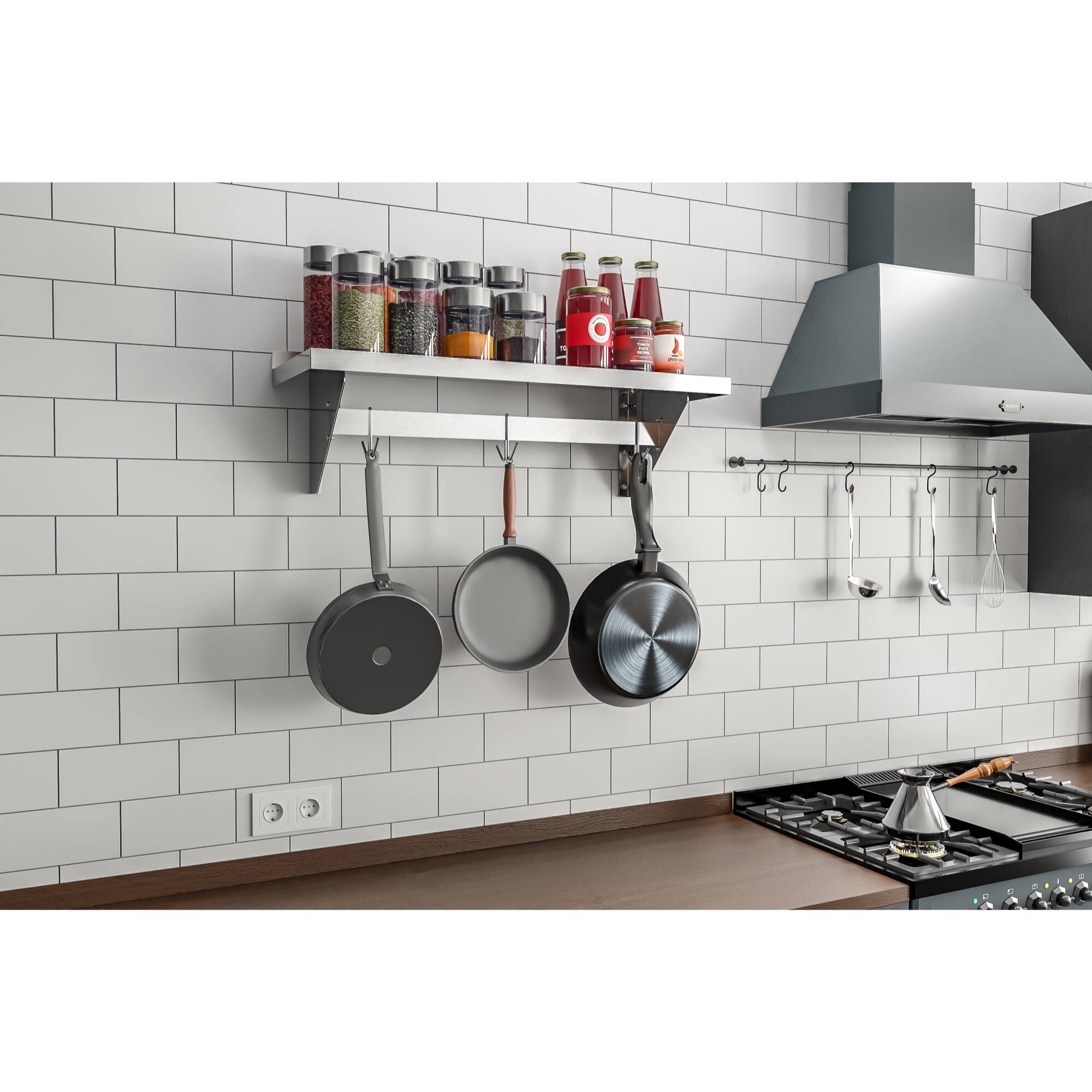 Alt View 7. Koolmore - 12" x 36" 18-Gauge Stainless-Steel Heavy Duty Wall Shelf with Pot Rack, WMPS-1236. - Stainless-Steel.