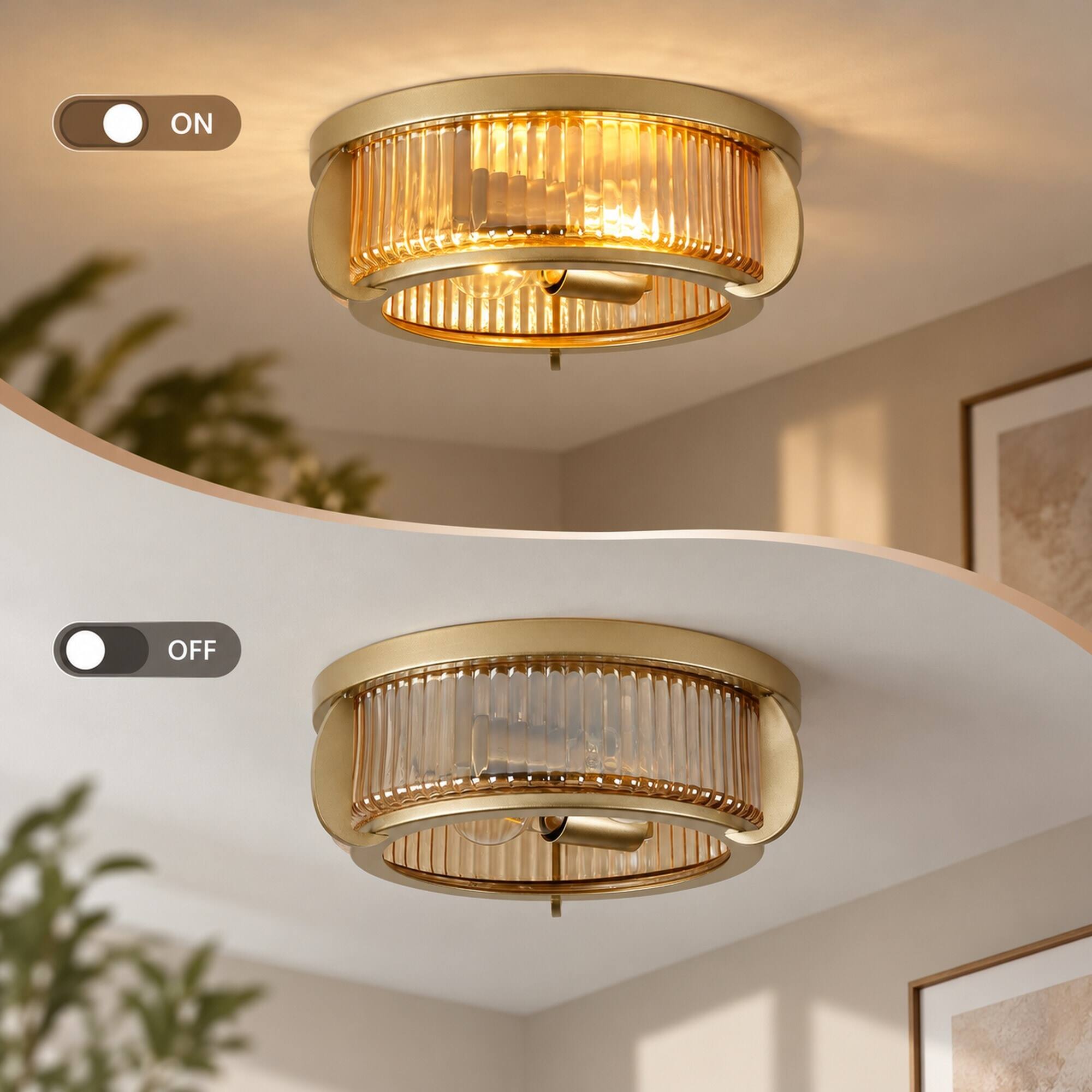 RYHNUYNE Semi Flush Mount Ceiling Light, 11.81 in Round Ribbed Glass ...