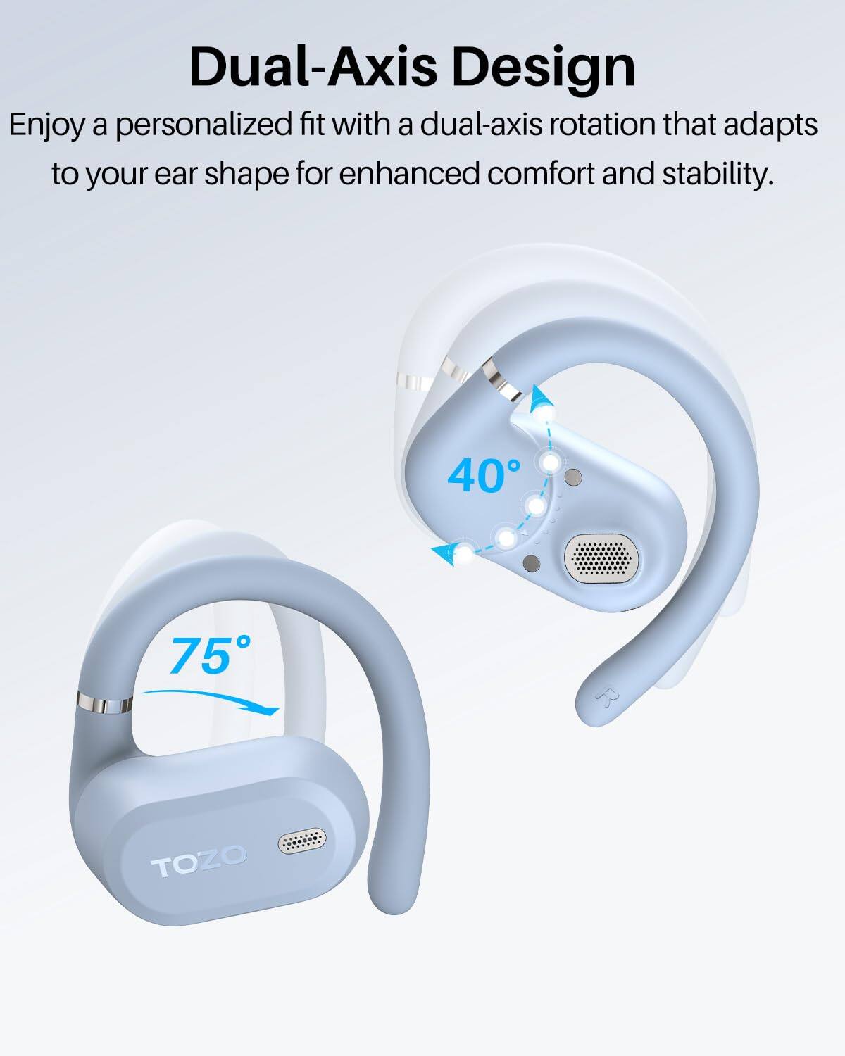 Dual-Axis Design  
Enjoy a personalized fit with a dual-axis rotation that adapts to your ear shape for enhanced comfort and stability.  

40° 75° TOZO