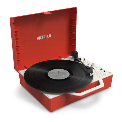 Front. Victrola - Re-Spin Sustainable Bluetooth Suitcase Record Player - Poinsettia Red.