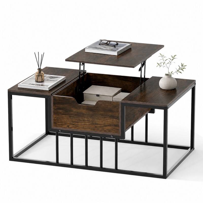 Alt View 6. WELLFOR - Modern Lift Top Coffee Table with Hidden Compartment, Rectangle Center Table for Living Room - Rustic Brown.