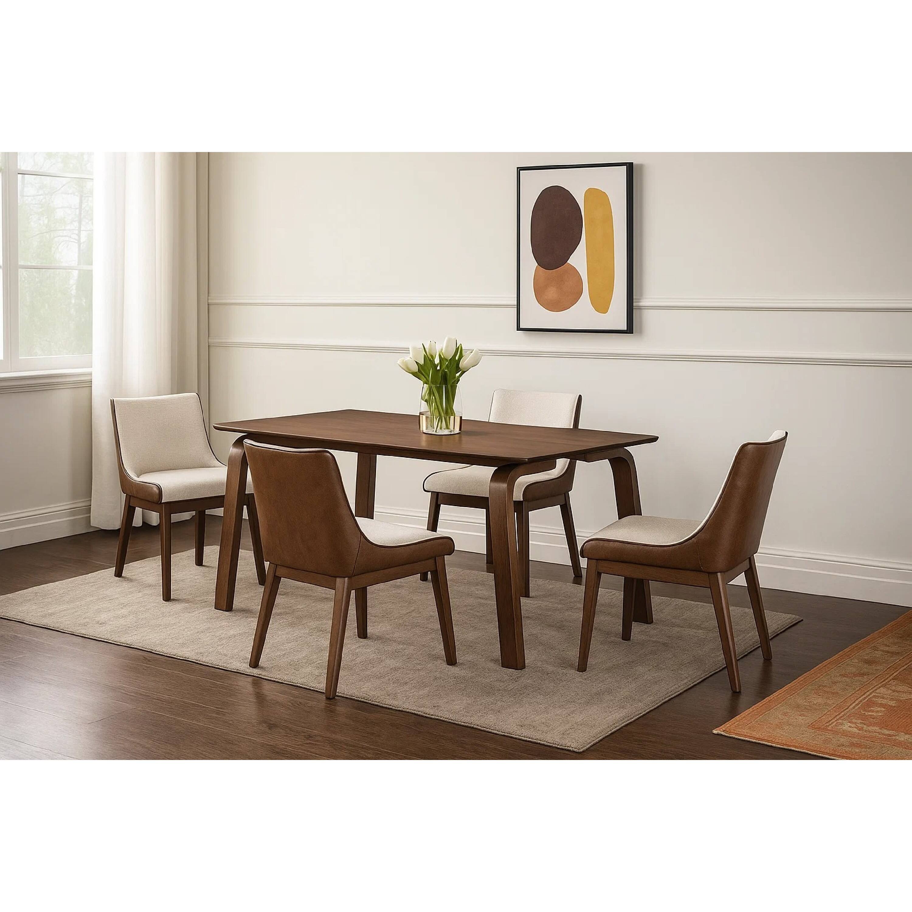 Alt View 6. Manhattan Lane - Iken 5pc Dining Table Set, 4 Cream Fabric Chairs, Tapered Legs, Brown Wood - Walnut Brown, Cream.