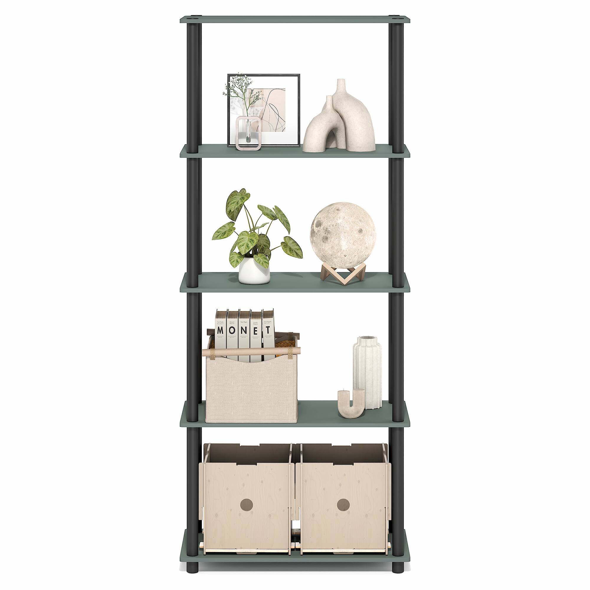 Alt View 3. Furinno - TURN-N-TUBE Storage Shelves, 5-Tier Book Shelf, Corner Shelf, Toolless Open Shelves - Sage Green/Black.