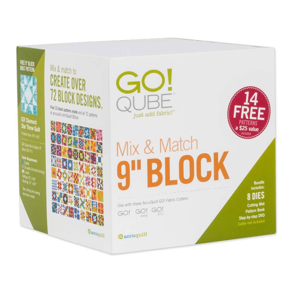 FREE BLOCK PATTERN Mix & match to CREATE OVER GO! 72 BLOCK DESIGNS. Find 13 block patterns inside and 72 patterns at accuquilt.com/Qube72Block. FREE 14 PATTERNS a $25 value included. GO! QUBE just add fabric! GO! Diamond Star Throw Quilt. Use with these AccuQuilt Fabric Cutters: 8 DIES, Cutting Mat, Pattern Book, Step-by-step DVD. Cutter not included.