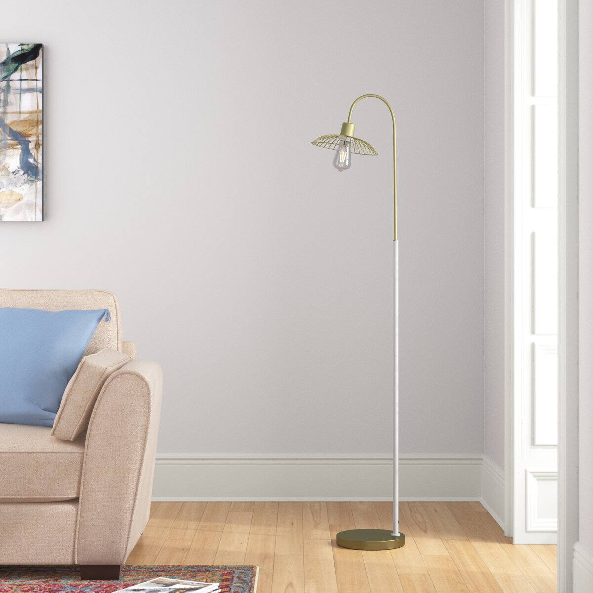 Left. MOOSOO - 64.25" In Industrial Pendant Cage Satin Matte Gold/White Metal Floor Lamp - Gold.