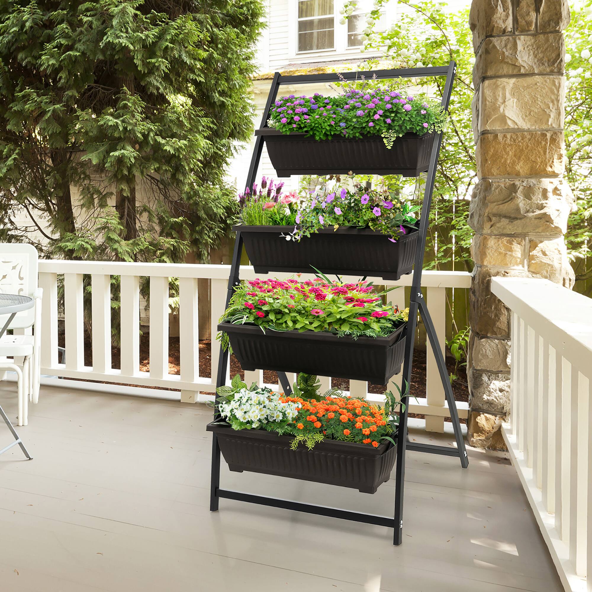 Alt View 4. Costway - 2PCS 5 FT 4-Tier Vertical Raised Garden Bed Elevated Planter w/4 Container Boxes - Black + Brown.