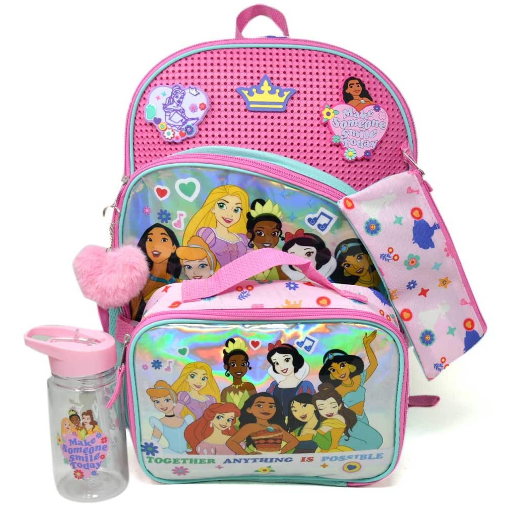 Disney - Princesses 16" Pink Backpack for School with Rectangular Lunch Bag, 5 Piece Set - Assorted Pre-Pack
