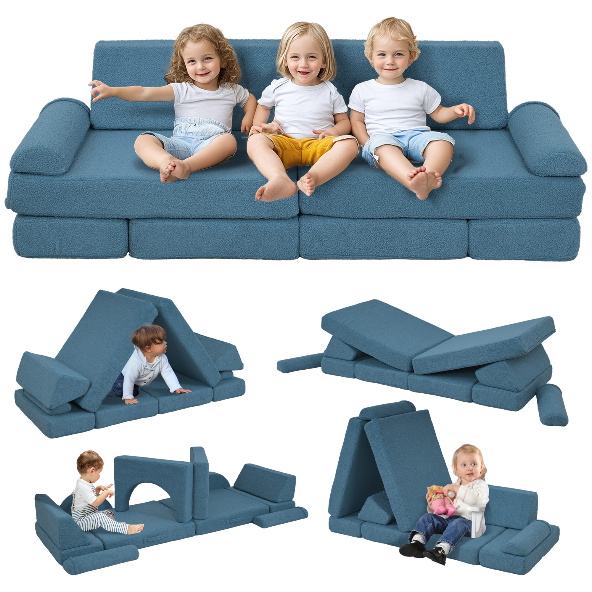 Siljoy - 12-Piece Kids Modular Couch, Toddler Play Sofa, 28D Foam, Washable Cover, for Ages 18mo+, 132lb Load - Blue
