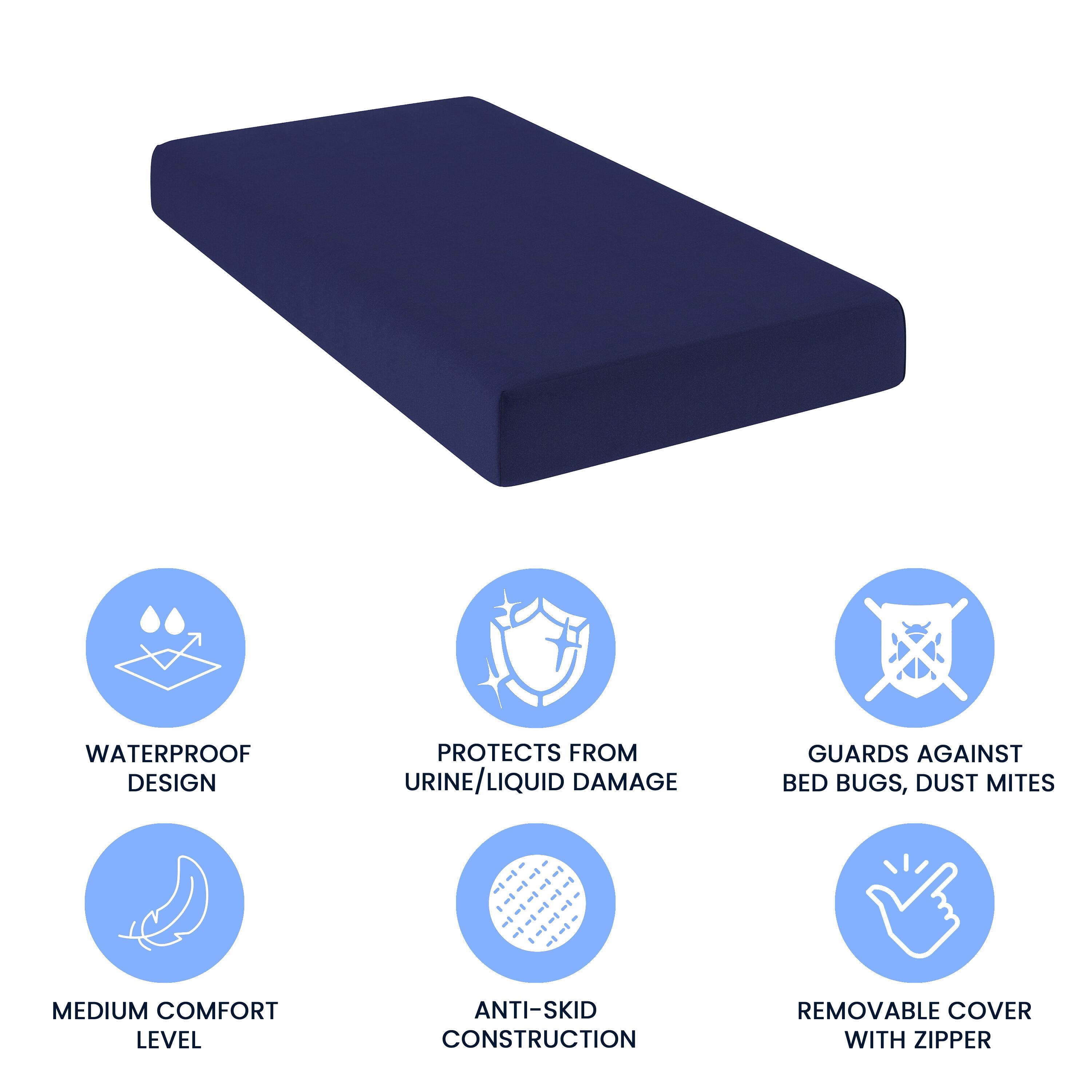 - WATERPROOF DESIGN
- PROTECTS FROM URINE/LIQUID DAMAGE
- GUARDS AGAINST BED BUGS, DUST MITES
- MEDIUM COMFORT LEVEL
- ANTI-SKID CONSTRUCTION
- REMOVABLE COVER WITH ZIPPER