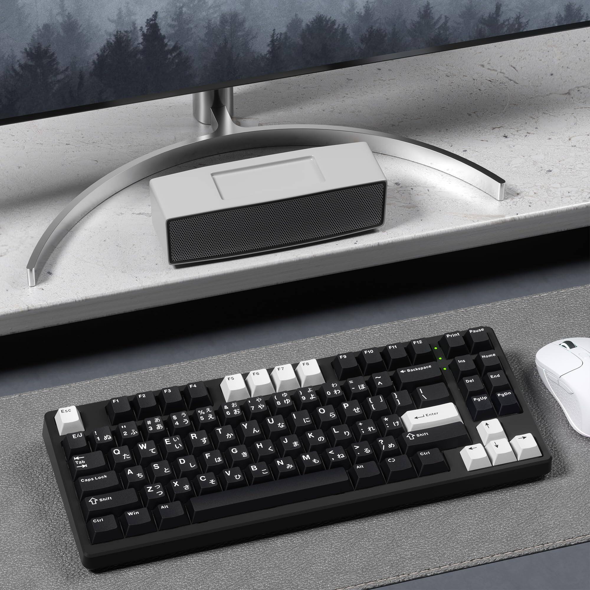 Sure, here is the corrected and grouped text from the image:

**Top Row:**
- F1 F2 F3 F4 F5 F6 F7 F8 F9 F10 F11 F12

**Second Row:**
- Esc 1 2 3 4 5 6 7 8 9 0 - = Backspace

**Third Row:**
- Tab Q W E R T Y U I O P [ ] \

**Fourth Row:**
- Caps Lock A S D F G H J K L ; ' Enter

**Fifth Row:**
- Shift Z X C V B N M , . / Shift

**Sixth Row:**
- Ctrl Win Alt Spacebar Alt Ctrl

**Right Side:**
- Print Pause Home End PgUp PgDn

**Additional Keys:**
- Insert Delete

**Japanese Characters:**
- あいうえお かきくけこ さしすせそ たちつてと なにぬねの はひふへほ まみむめも やゆよらりるれろ わをん

**Other Characters:**
- てんじょう てんじょう