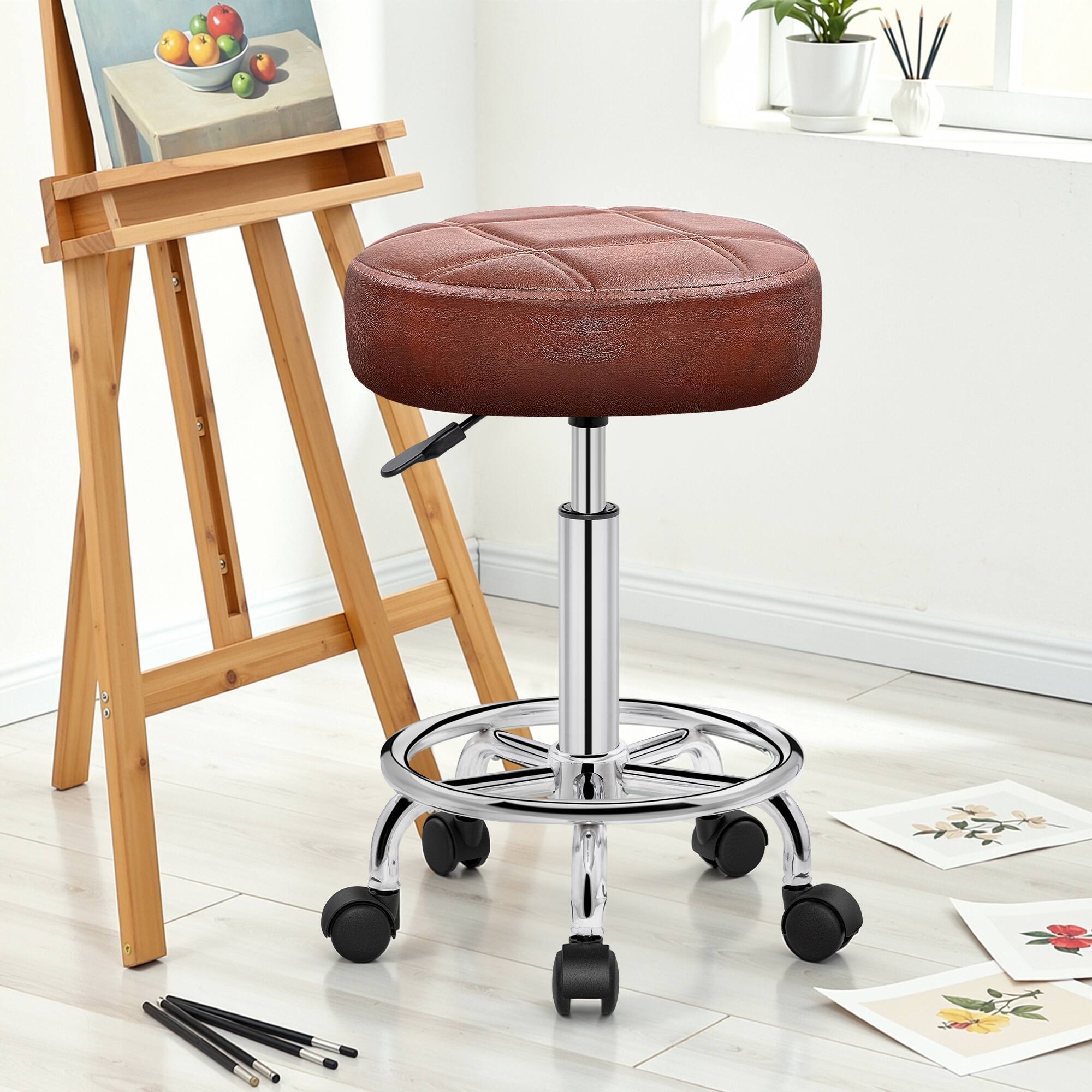 Alt View 1. Brick Attic - Rolling Stool with Wheels,PU Leather Small Office Chair with Foot Rest,Versatile Adjustable Swivel Stool for Office Home - Brown.